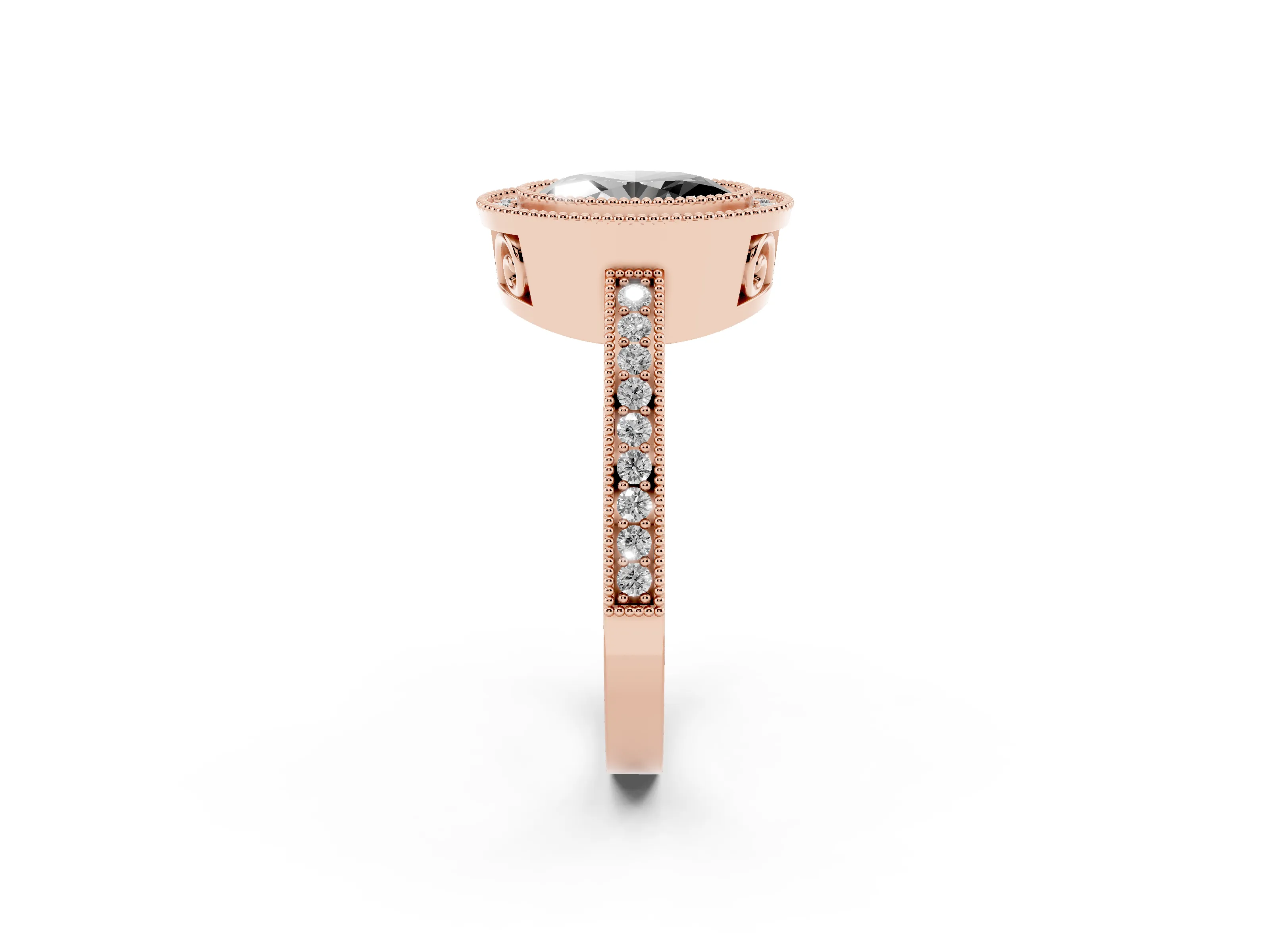 Fancy Black Oval Cut Diamond Round Halo Ring Set in Rose gold with Pavé Band