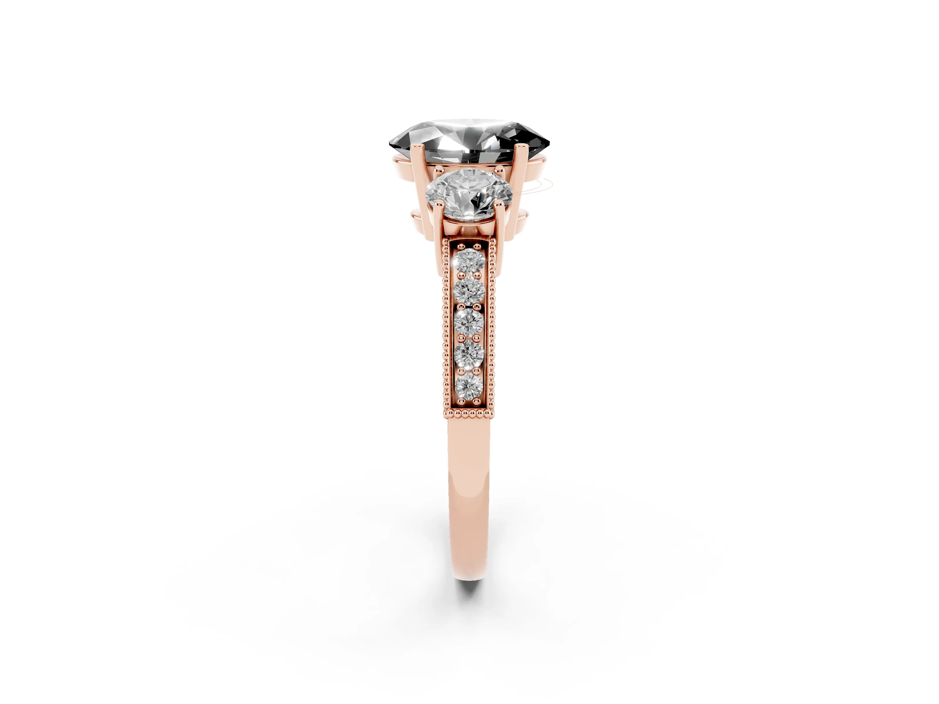 Fancy Black Oval Cut Diamond Three-Stone Ring Set in Rose gold with Round Side Stones and Pavé Band
