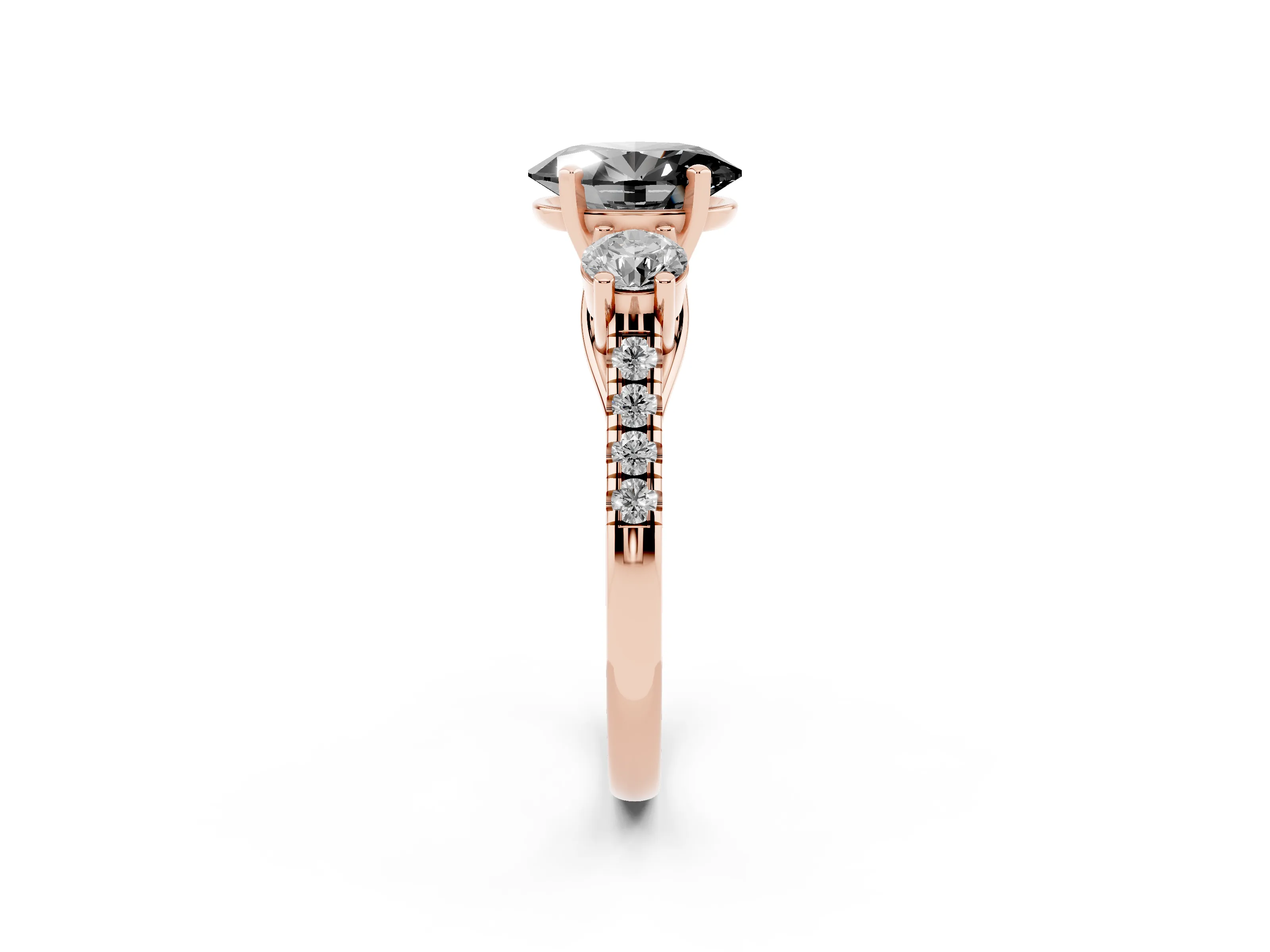 Fancy Black Three-Stone Oval Cut Diamond Pavé Band Ring Set in Rose gold with Prong-Set Trio