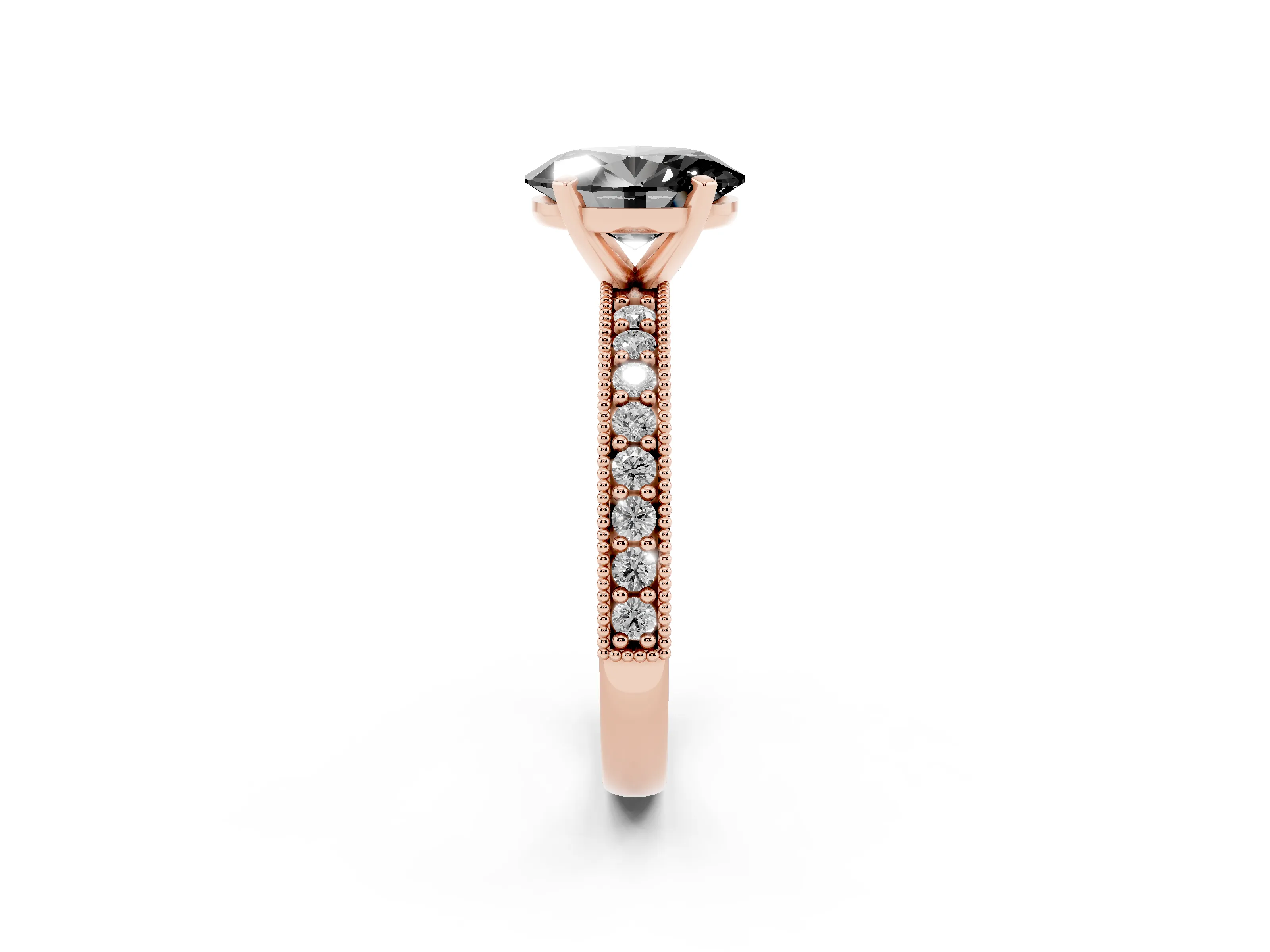 Fancy Black Oval Cut Diamond Milgrain Pavé Engagement Ring Set in Rose gold with Prong Setting