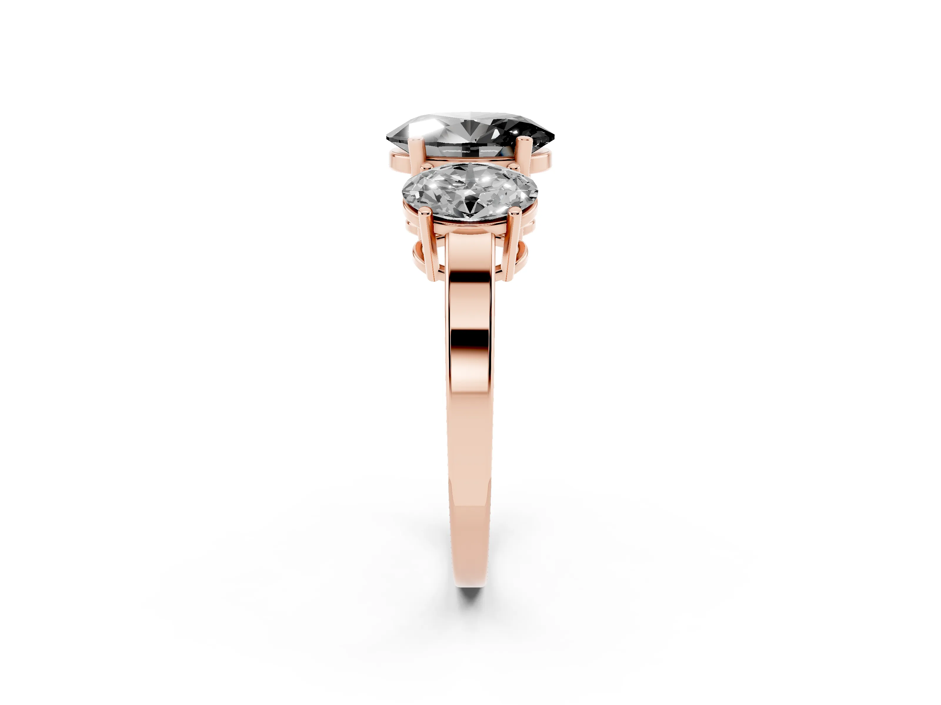 Fancy Black Oval Cut Diamond Three-Stone Engagement Ring Set in Rose gold with Flat Band