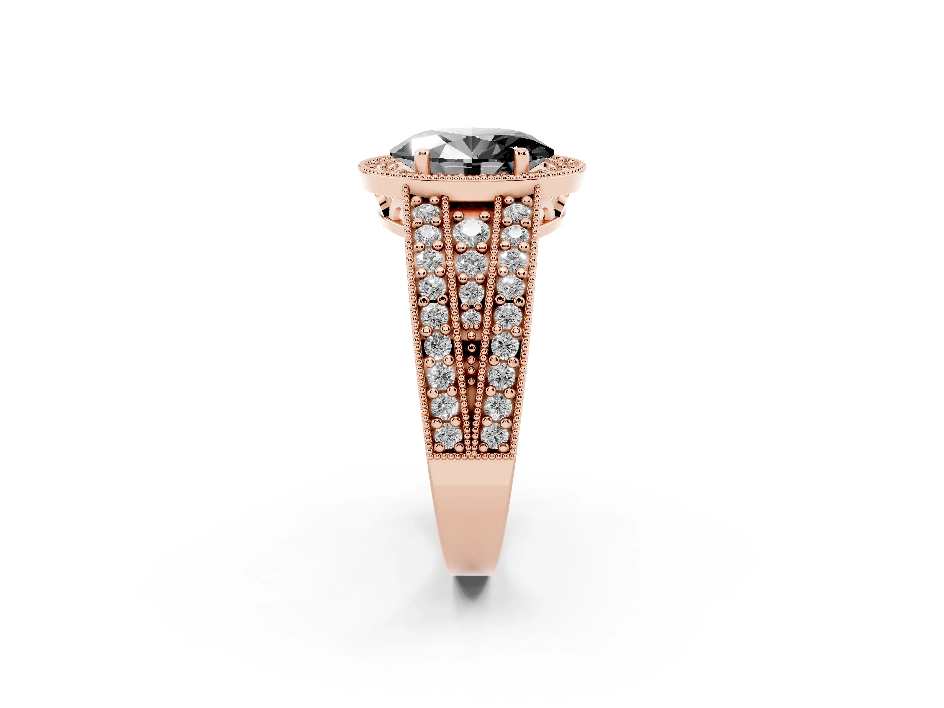 Fancy Black Oval Cut Diamond Halo Ring Set in Rose gold with Accent Split Shank and Prong Setting