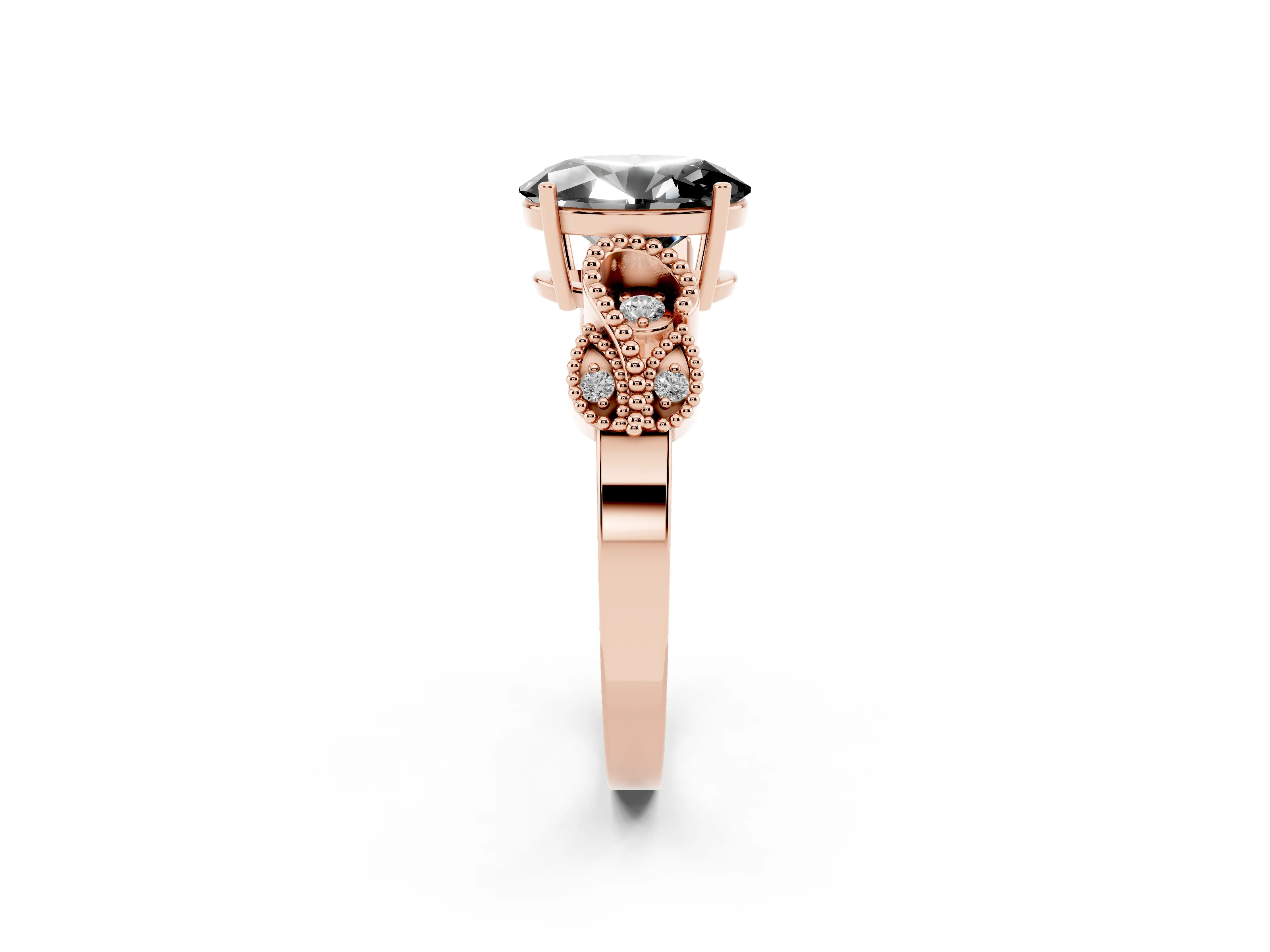 Fancy Black Oval Cut Diamond Milgrain Leaf Band Solitaire Ring Set in Rose gold with Accent Stones and Prong Setting