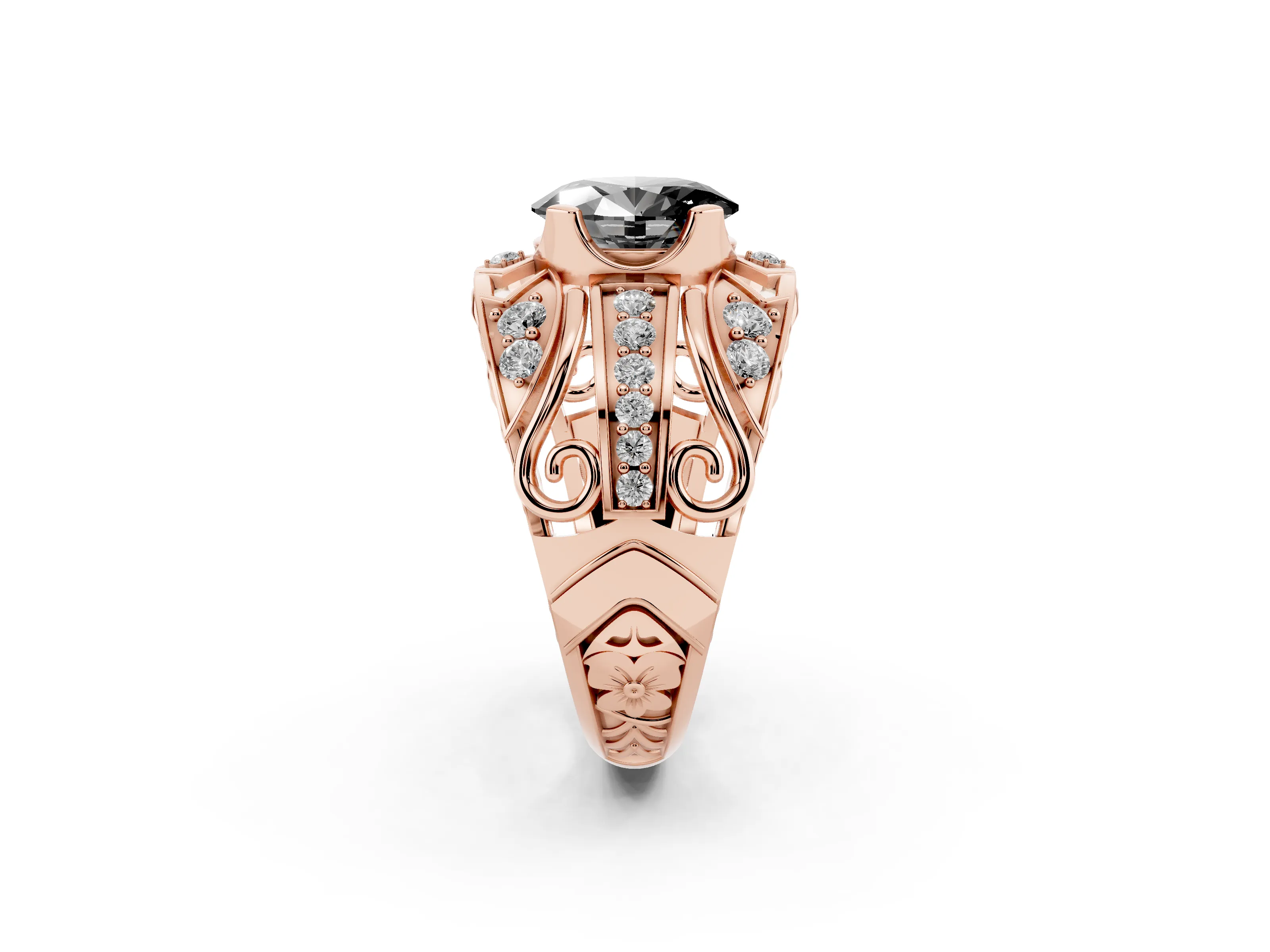 Fancy Black Oval Cut Diamond Art Deco Ring Set in Rose gold with Pavé Split Shank