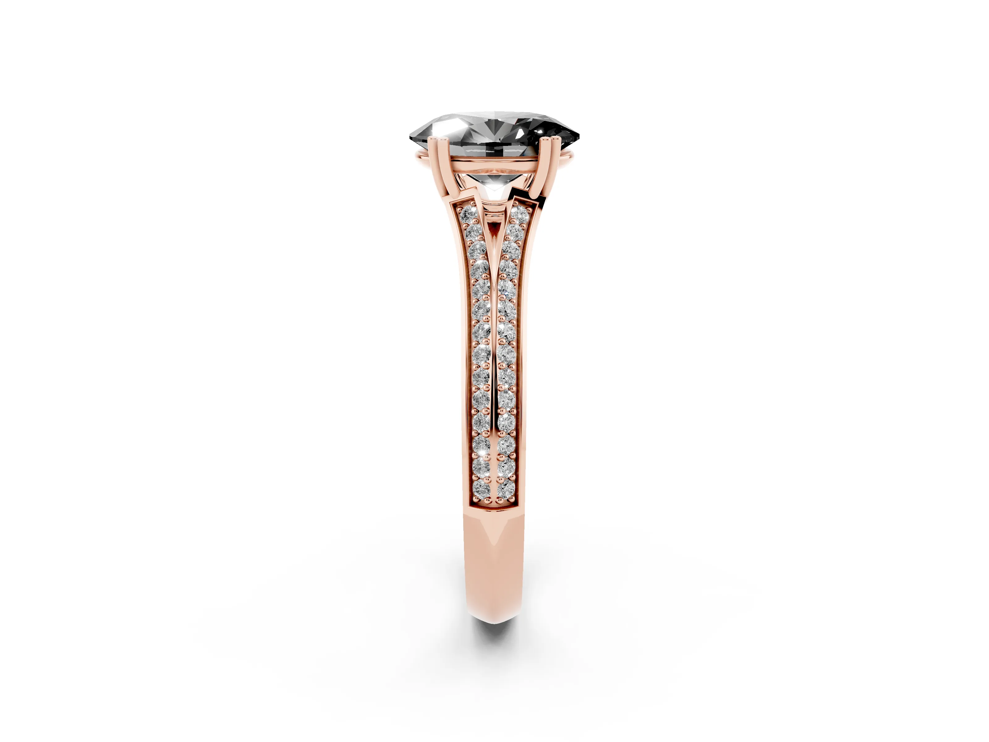 Fancy Black Oval Cut Diamond Split Shank Pavé Engagement Ring Set in Rose gold with Prong-Set Center Stone