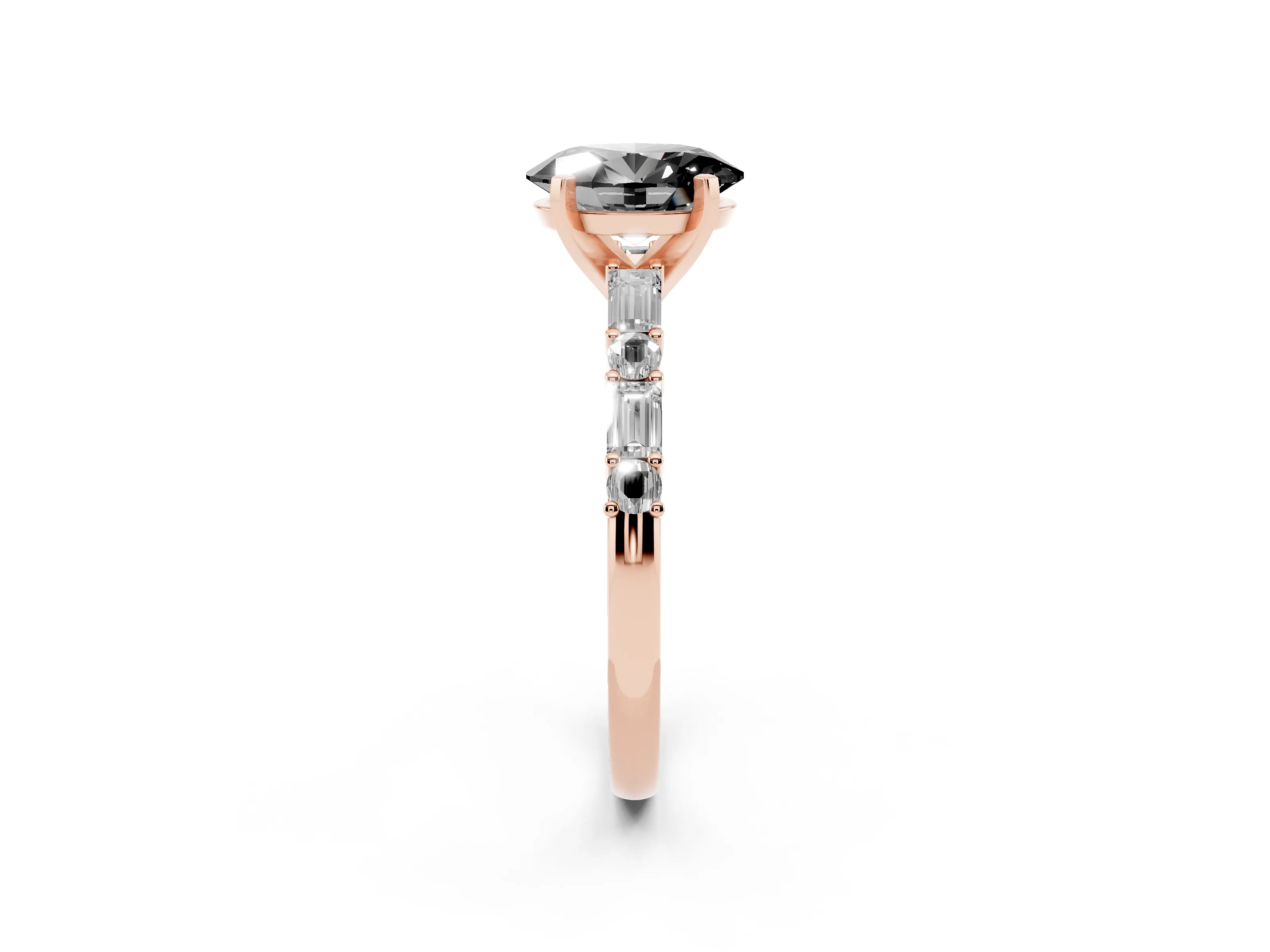 Fancy Black Oval Cut Diamond Solitaire Set in Rose gold with Side Baguettes and Channel Set Band