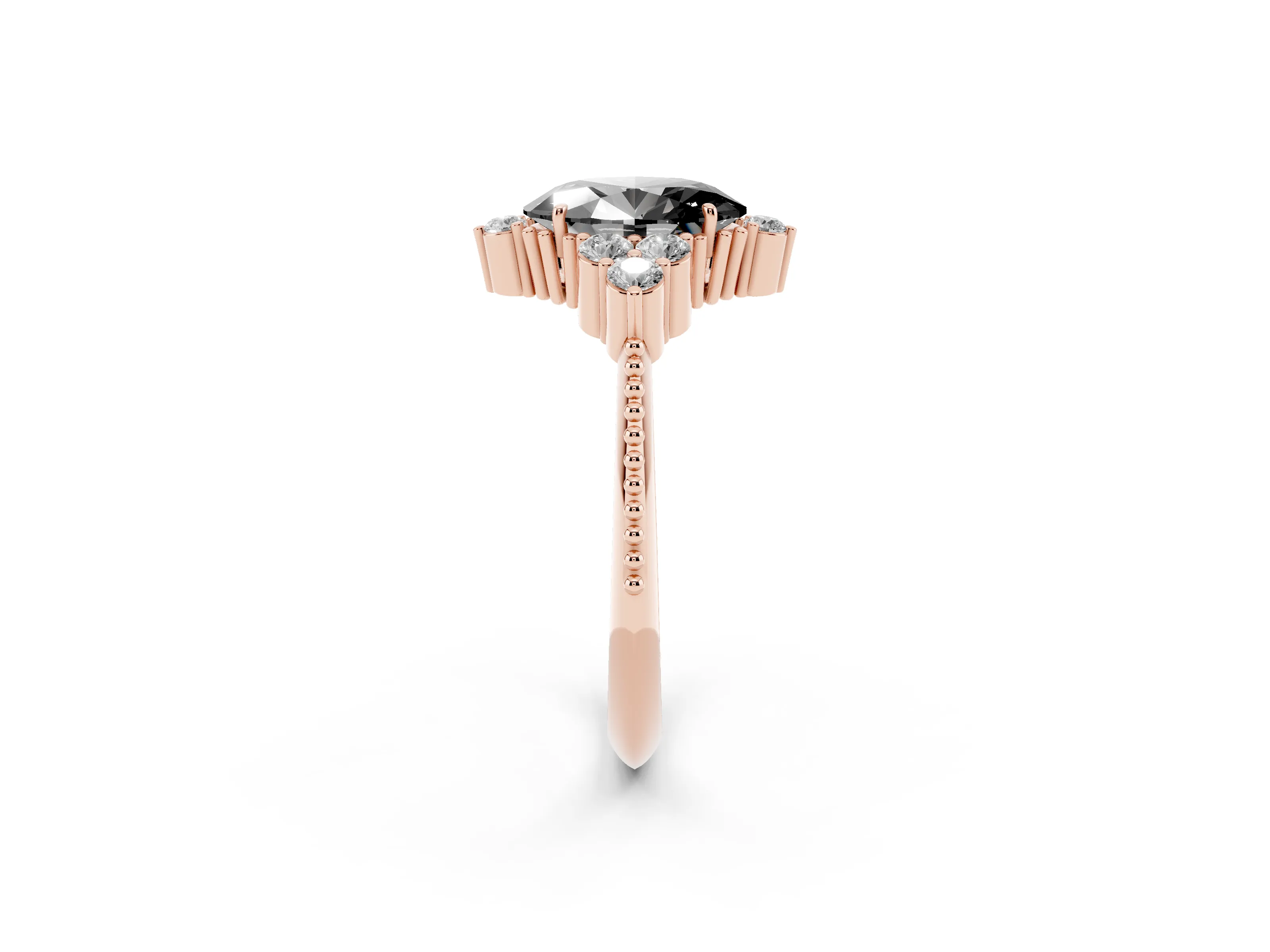 Fancy Black Oval Cut Diamond Cluster Ring Set in Rose gold with Beaded Band