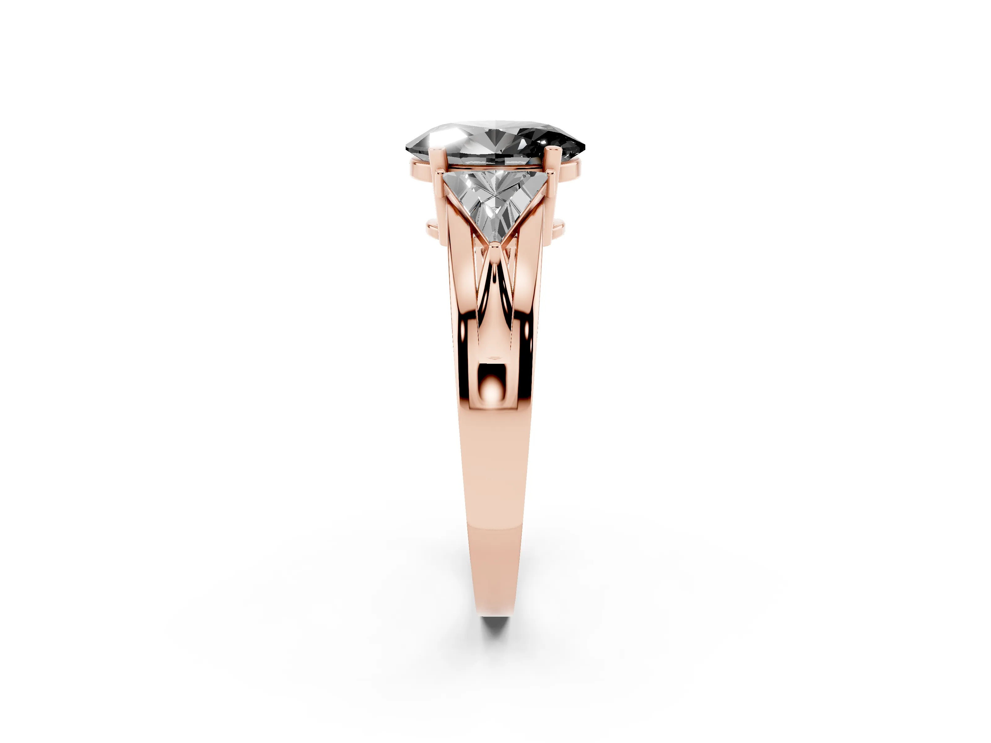 Fancy Black Oval Cut Diamond Three-Stone Ring Set in Rose gold with Trillion Side Stones and Split Shank