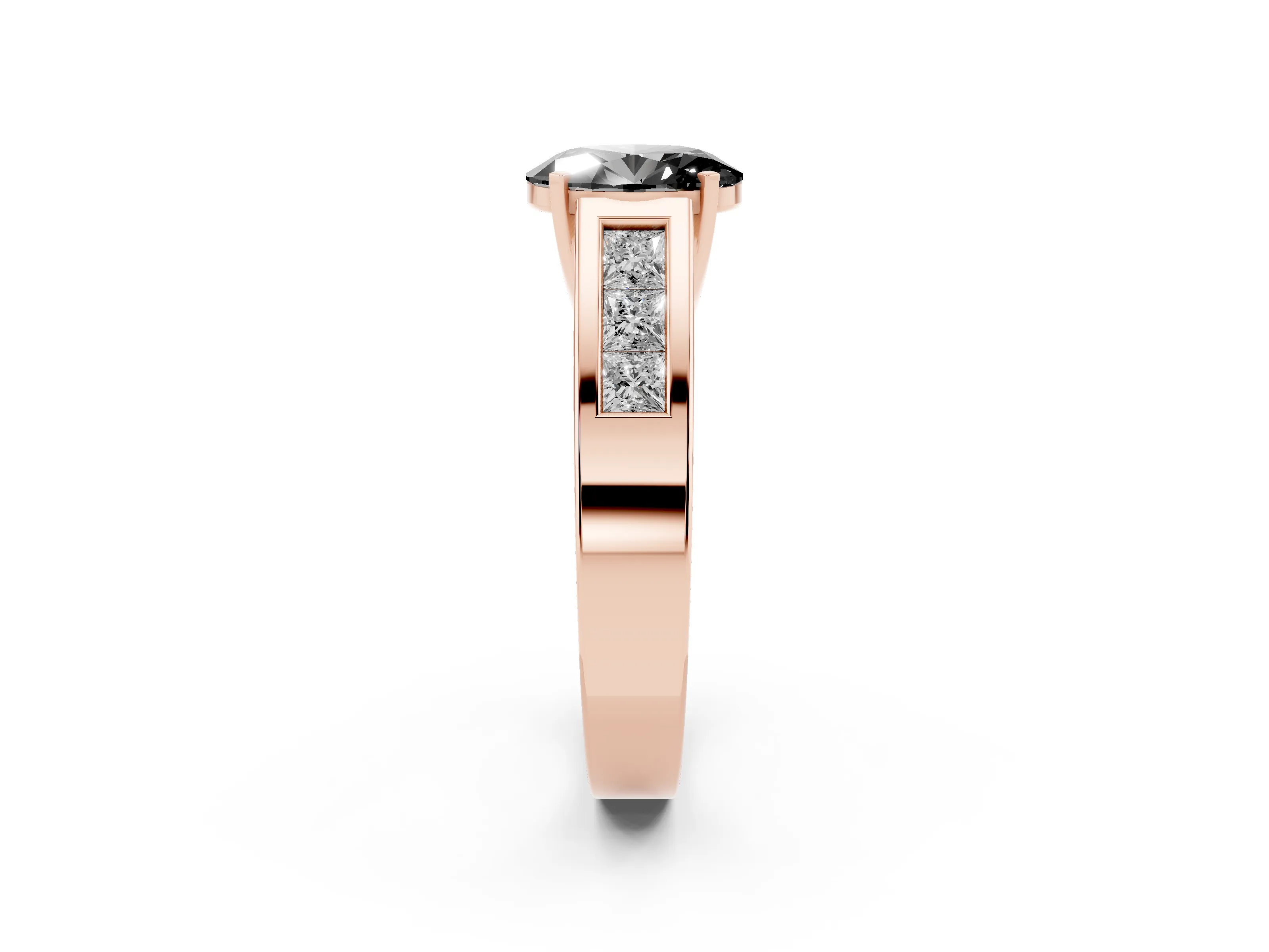 Fancy Black Oval Cut Diamond Solitaire Ring Set in Rose gold with Channel-Set Accent Stones and Prong Setting