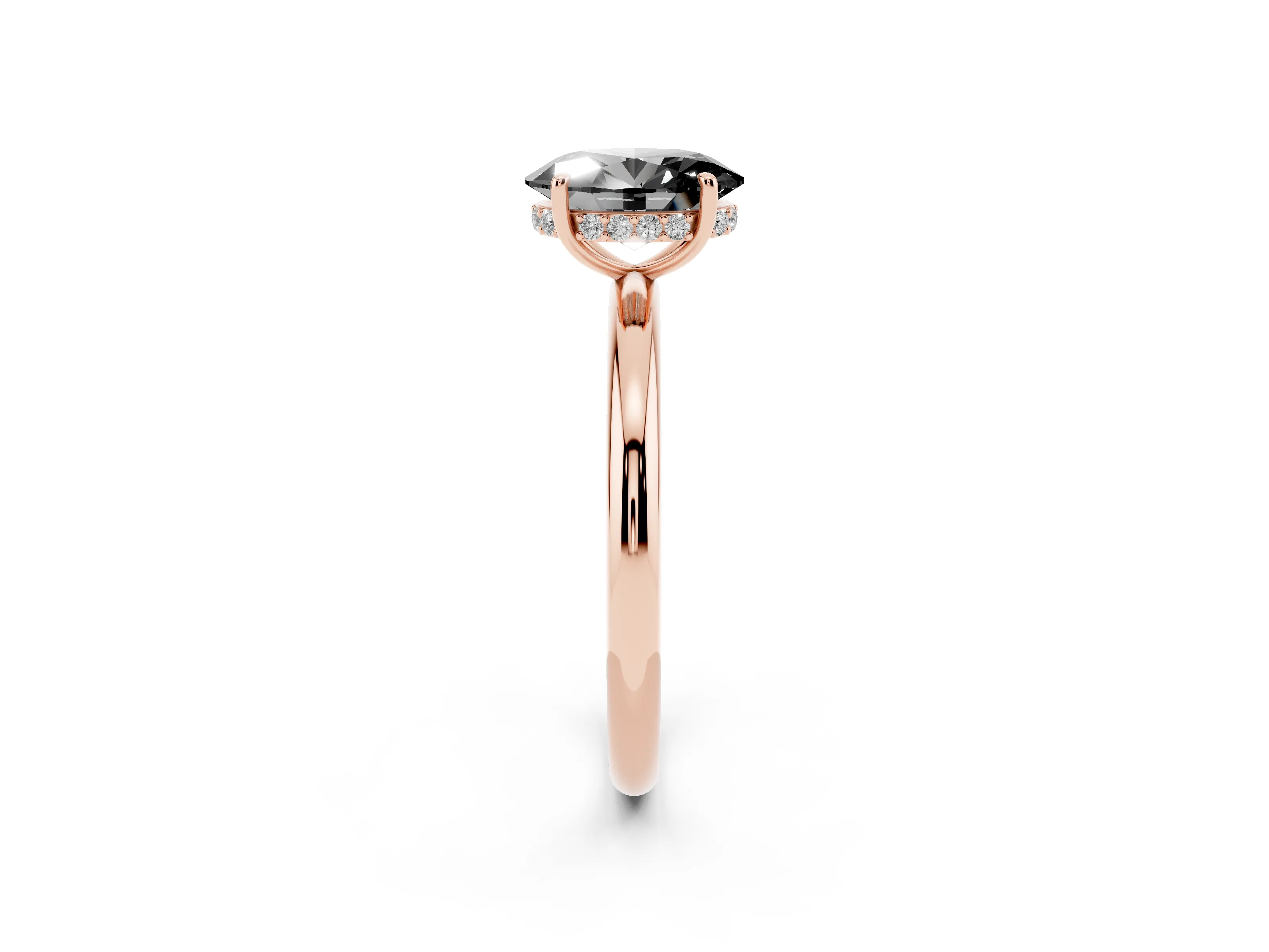 Fancy Black Oval Cut Diamond Solitaire Ring Set in Rose gold with Thin Band and Prong Setting