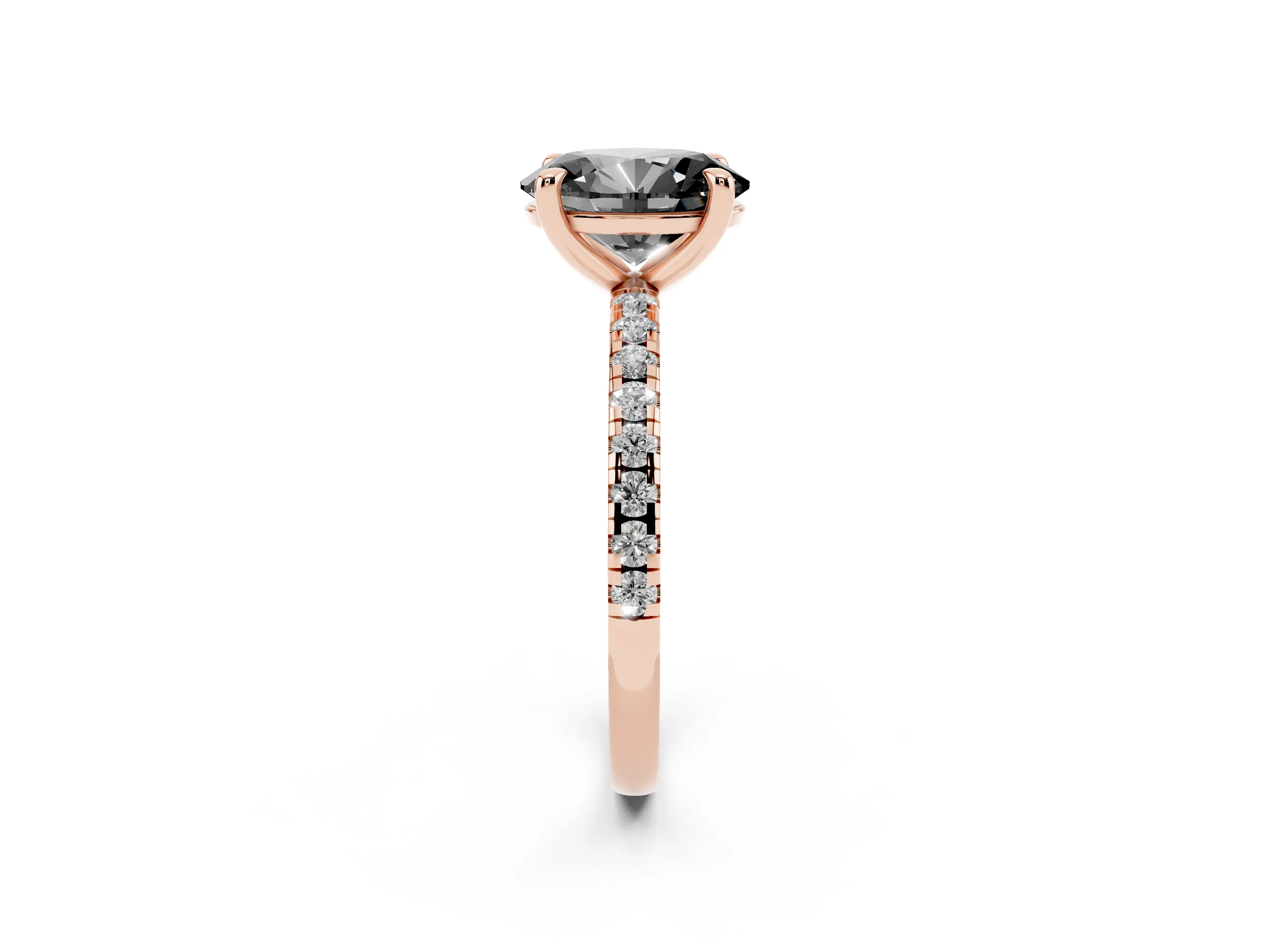 Fancy Black Oval Cut Diamond Brilliant Solitaire Ring Set in Rose gold with Pavé Band and Prong Setting