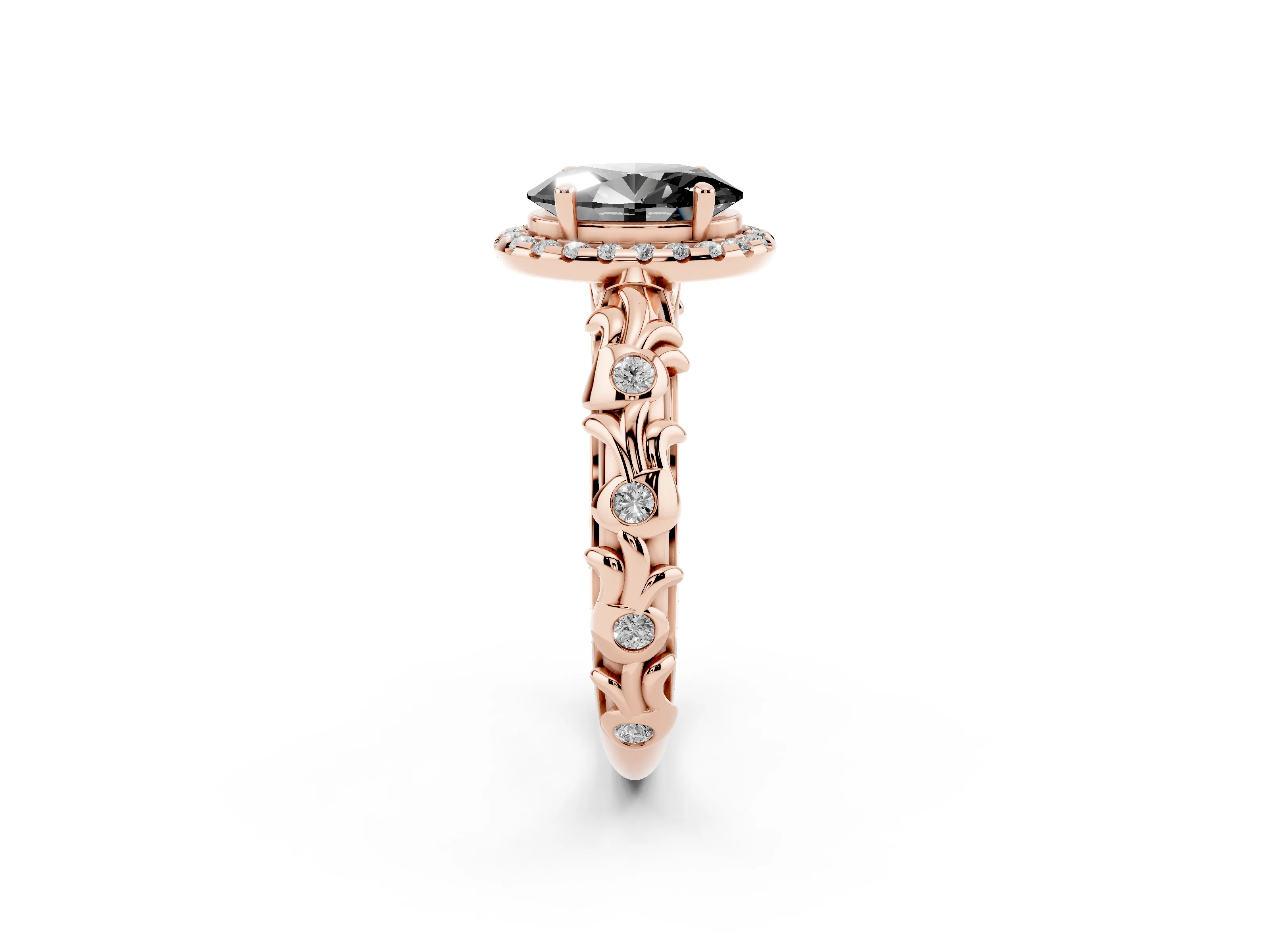 Fancy Black Oval Cut Diamond Halo Ring Set in Rose gold with Filigree Leaf Band and Prong Setting