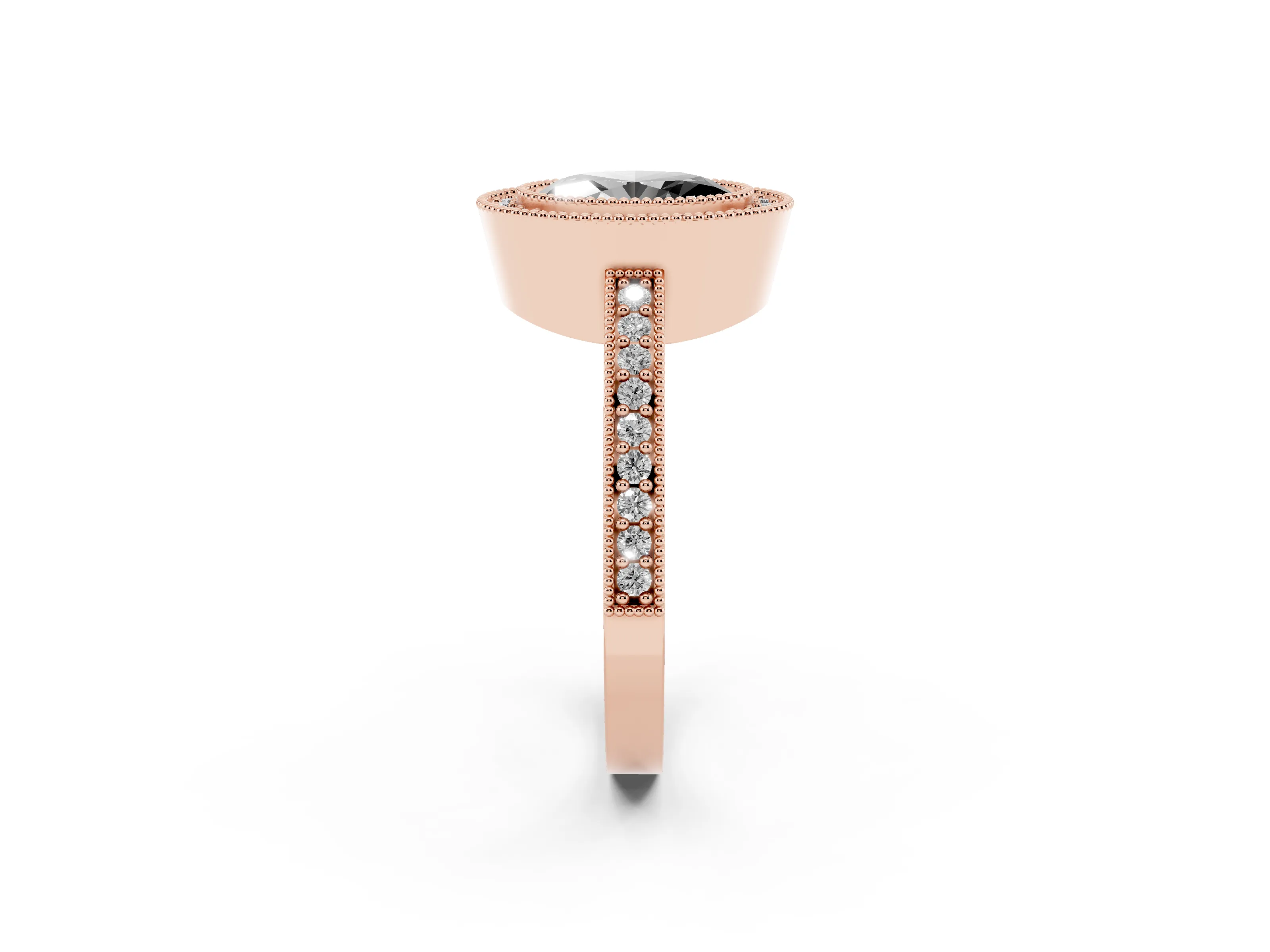 Fancy Black Oval Cut Diamond Halo Engagement Ring Set in Rose gold with Pavé Band and Round Halo Stones