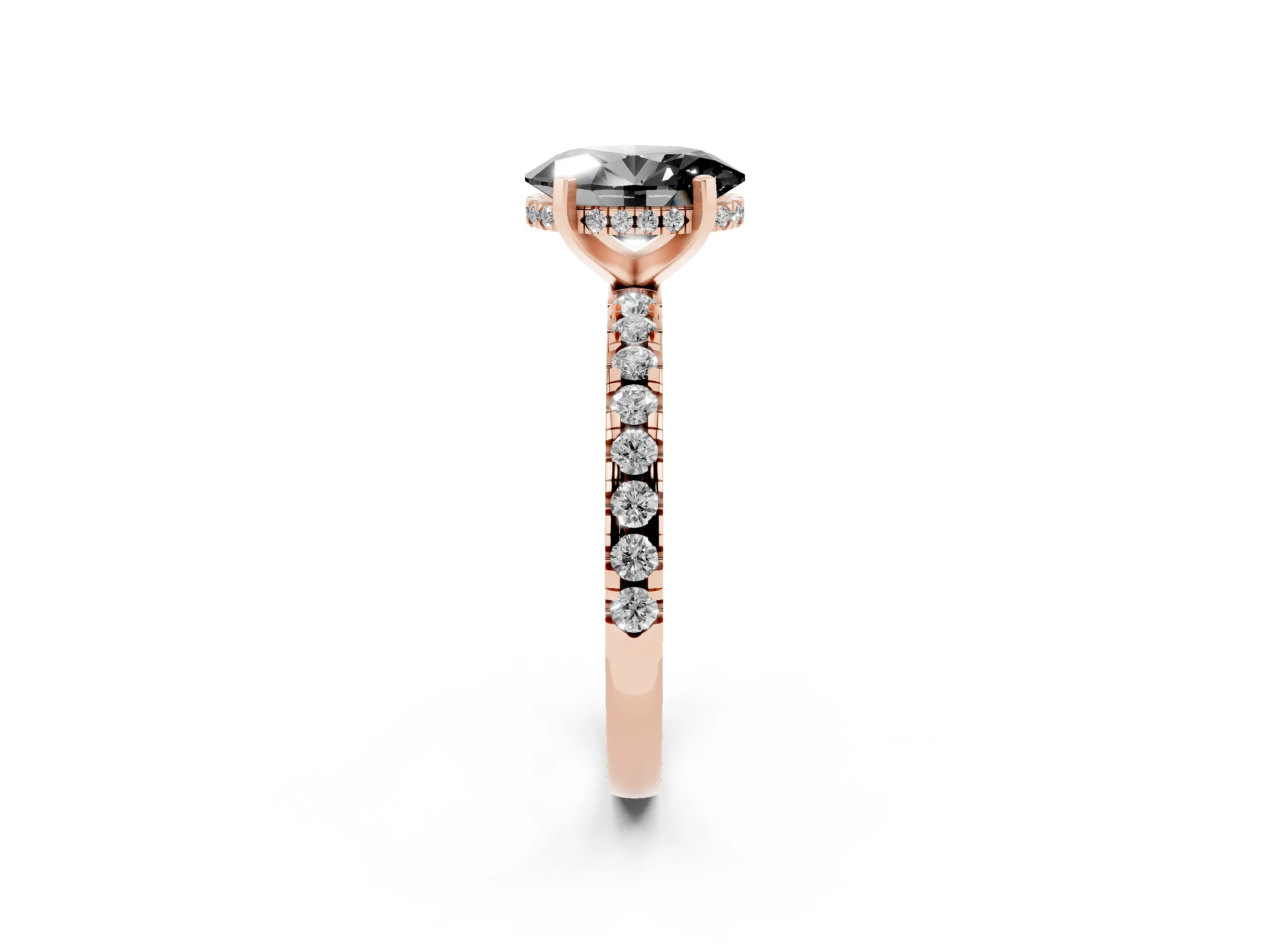 Fancy Black Oval Cut Diamond Pavé Solitaire Ring Set in Rose gold with Round Band Accents and Prong Setting