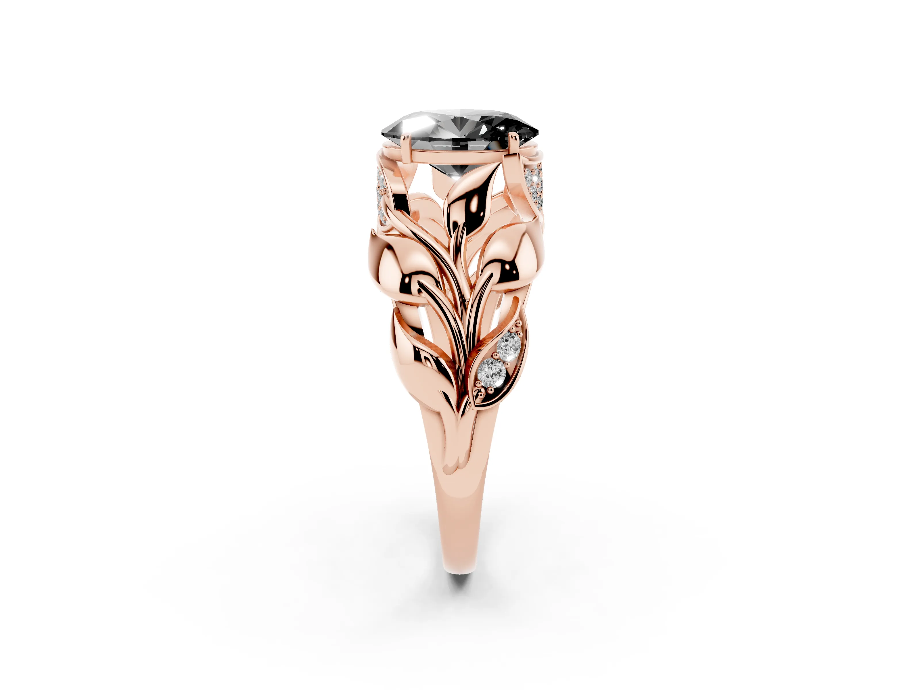 Fancy Black Oval Cut Diamond Leaf-Inspired Engagement Ring Set in Rose gold with Round Accents