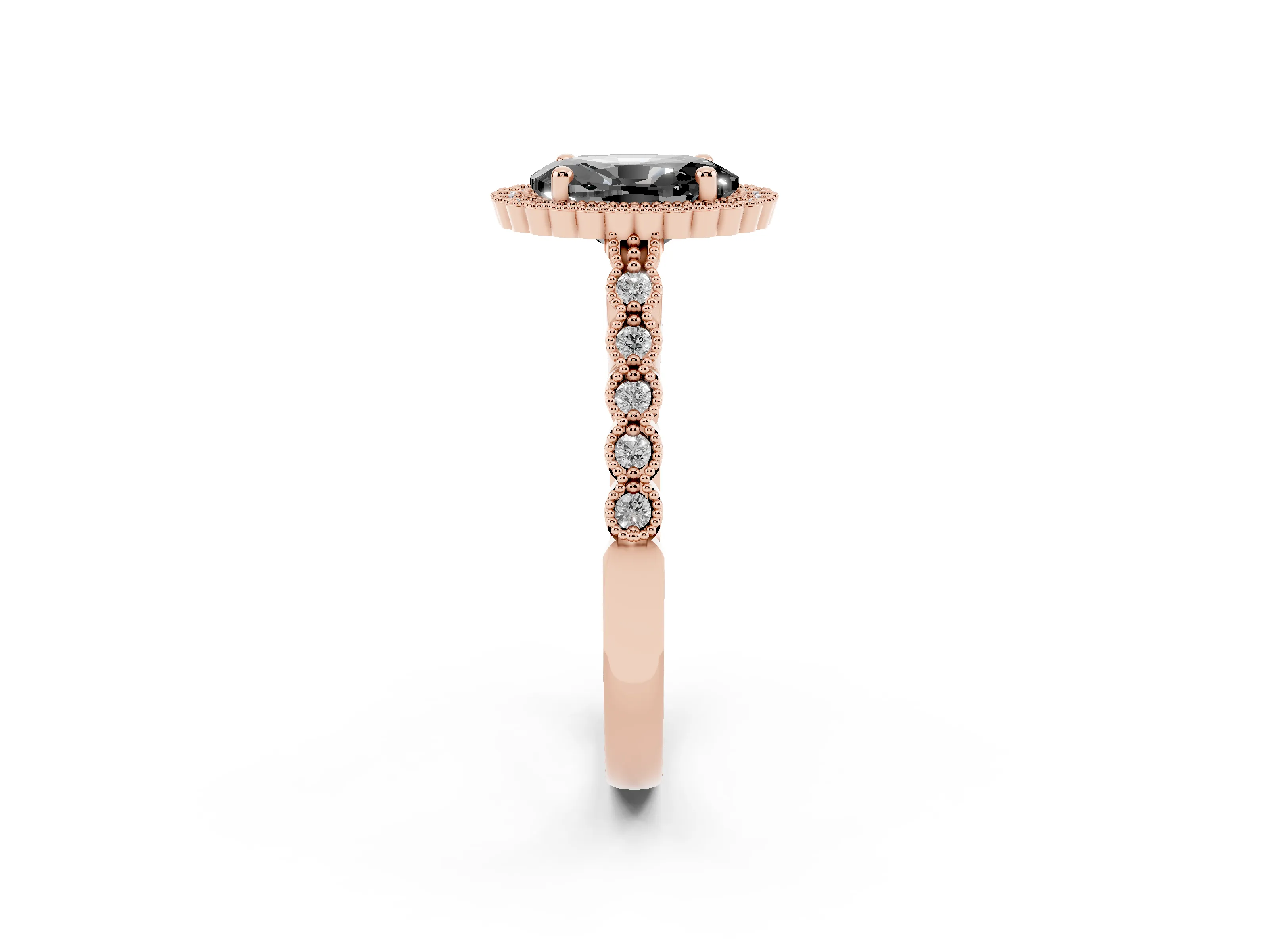 Fancy Black Oval Cut Diamond Halo Ring Set in Rose gold with Pavé Milgrain Band