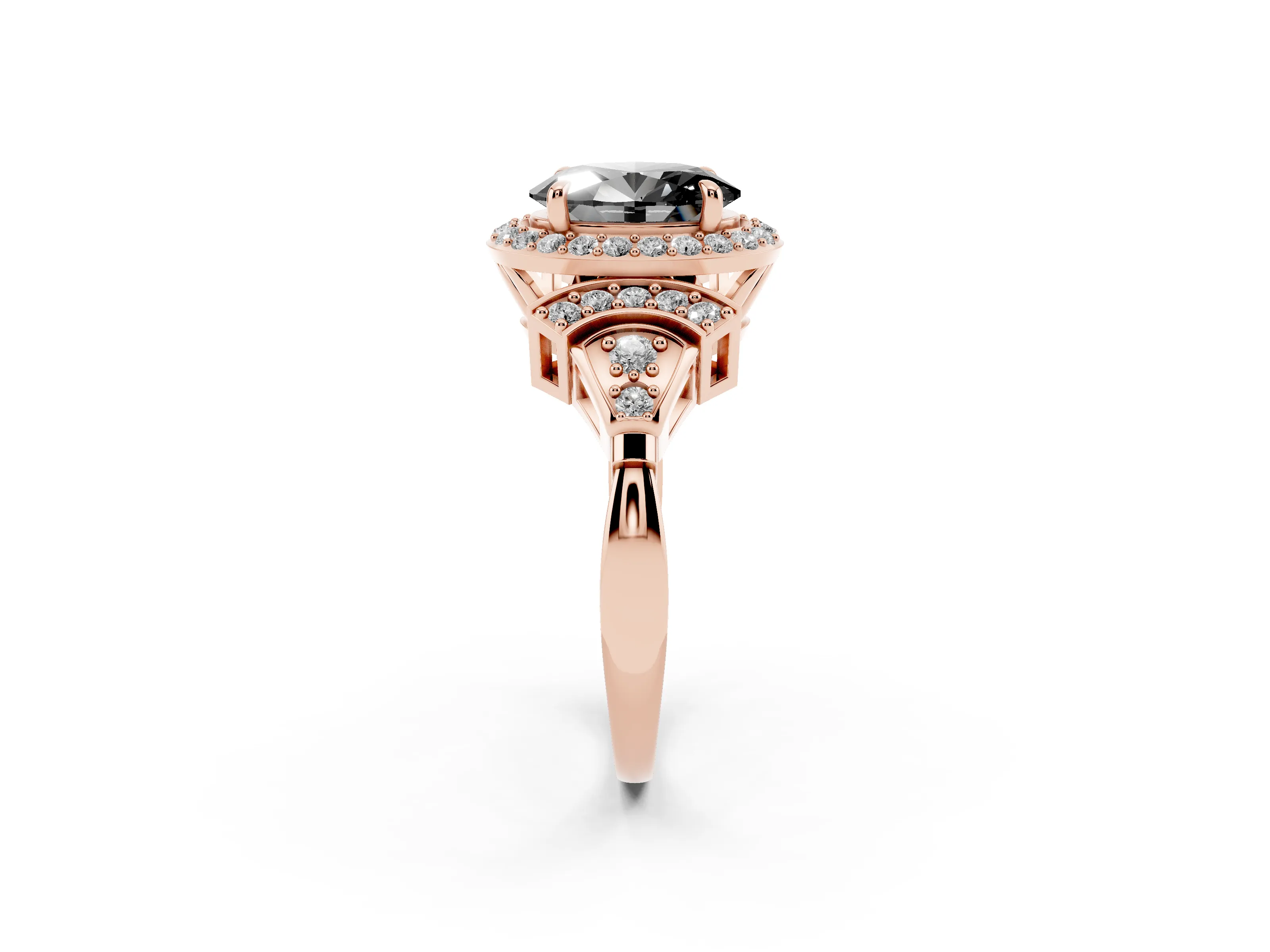 Fancy Black Oval Cut Diamond Halo Engagement Ring Set in Rose gold with Accent Stone Split Shank