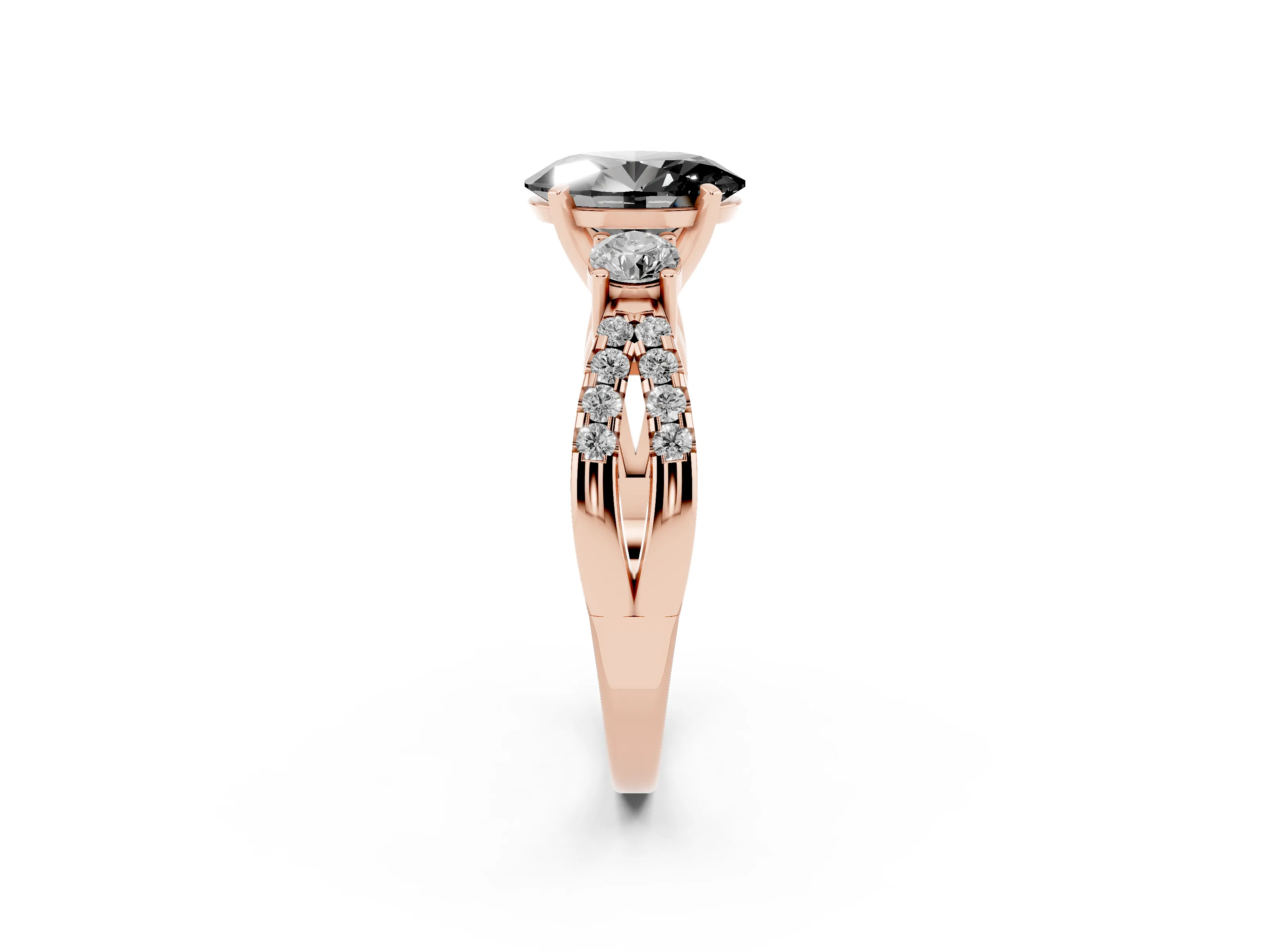 Fancy Black Oval Cut Diamond Three-Stone Ring Set in Rose gold with Pavé Split Shank and Prong Setting