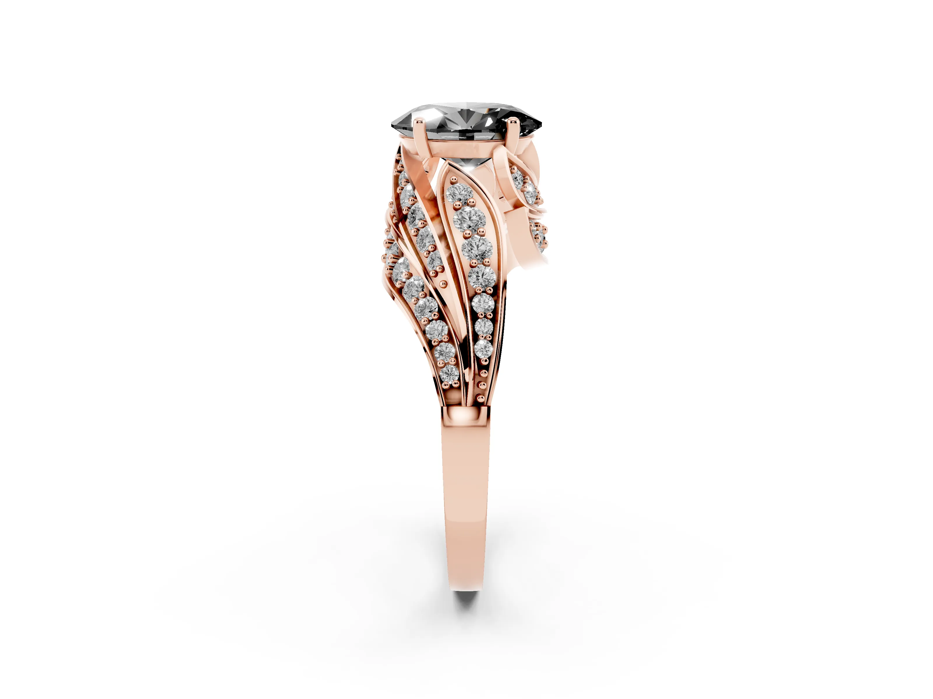 Fancy Black Oval Cut Diamond Solitaire Ring Set in Rose gold with Layered Twist Pavé Band