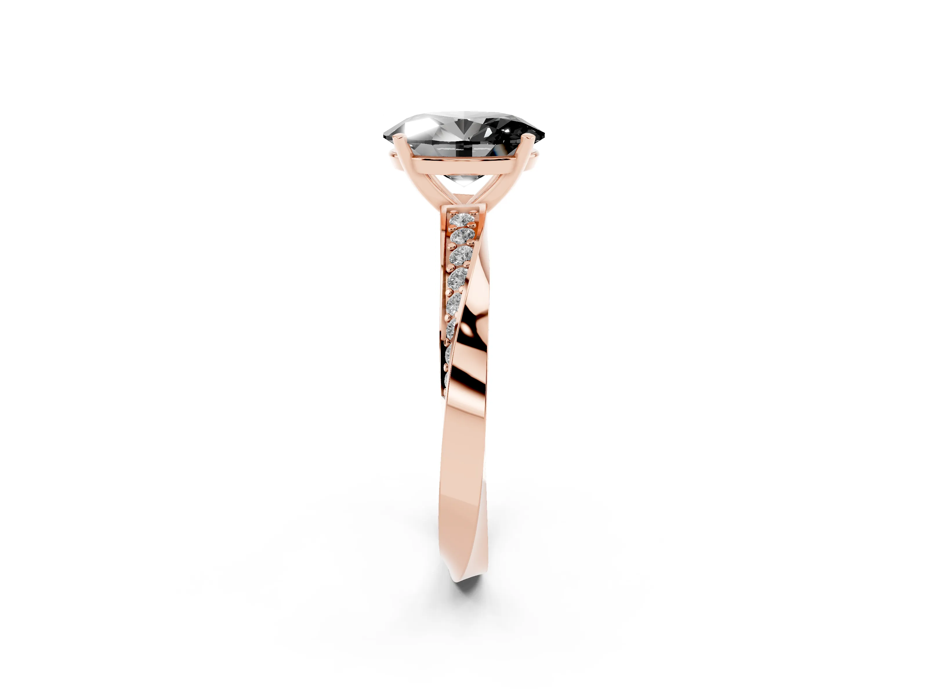 Fancy Black Oval Cut Diamond Engagement Ring Set in Rose gold with Side Stone Accents and Prong Setting