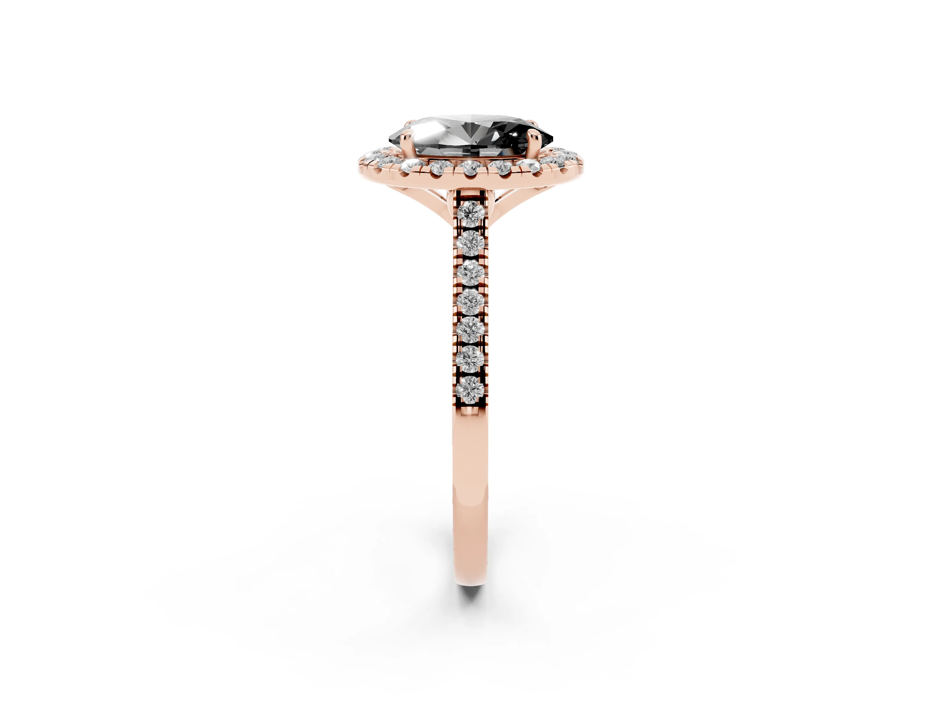 Fancy Black Oval Cut Diamond Cushion Halo Ring Set in Rose gold with Pavé Band