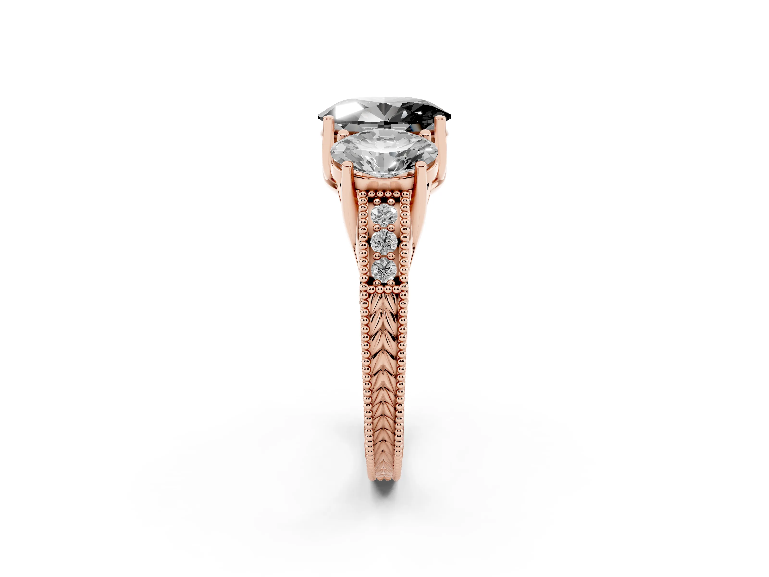 Fancy Black Oval Cut Diamond Three-Stone Engagement Ring Set in Rose gold with Milgrain Pavé Band