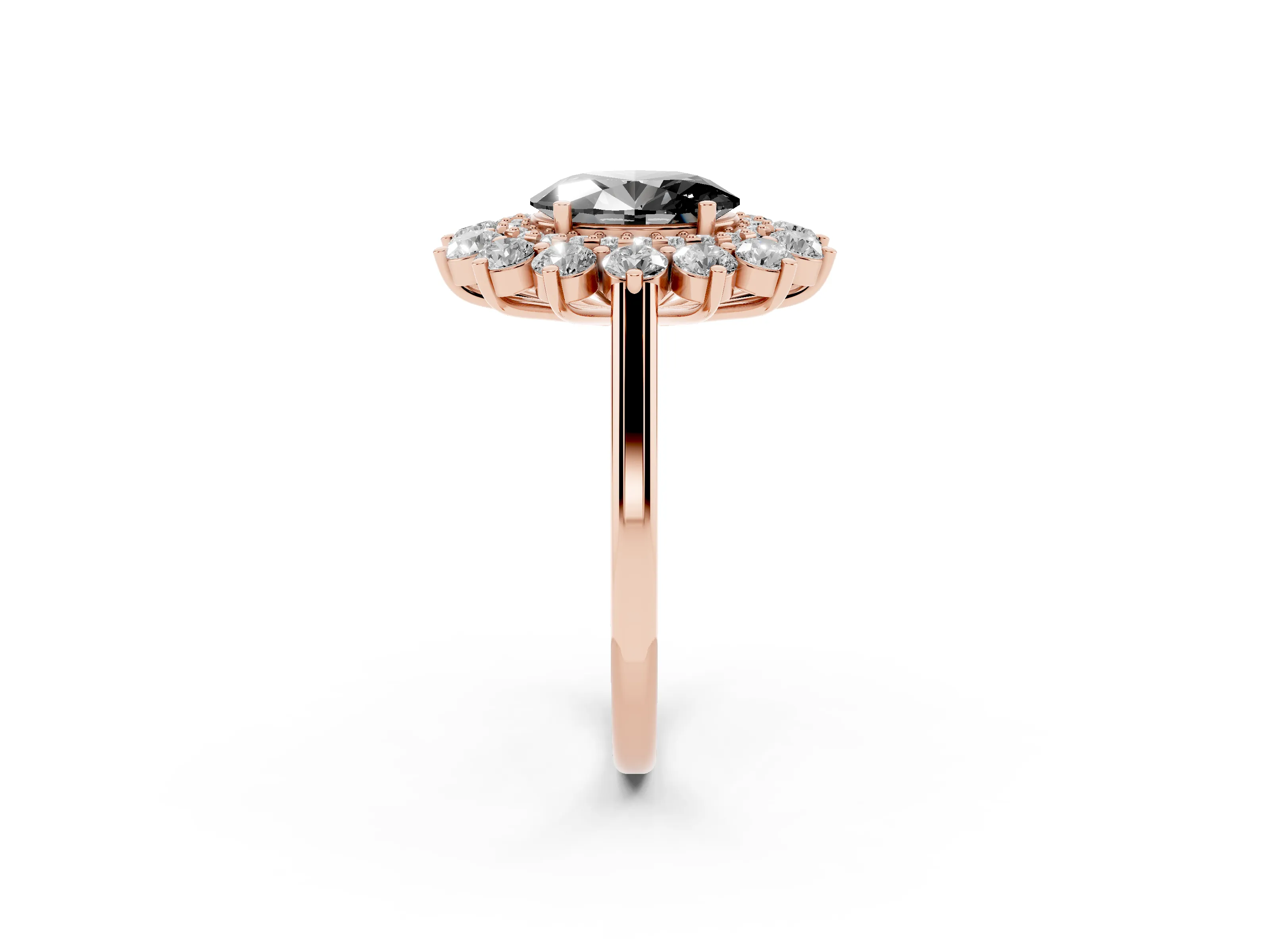 Fancy Black Oval Cut Diamond Floral Double Halo Ring Set in Rose gold with Round Petals
