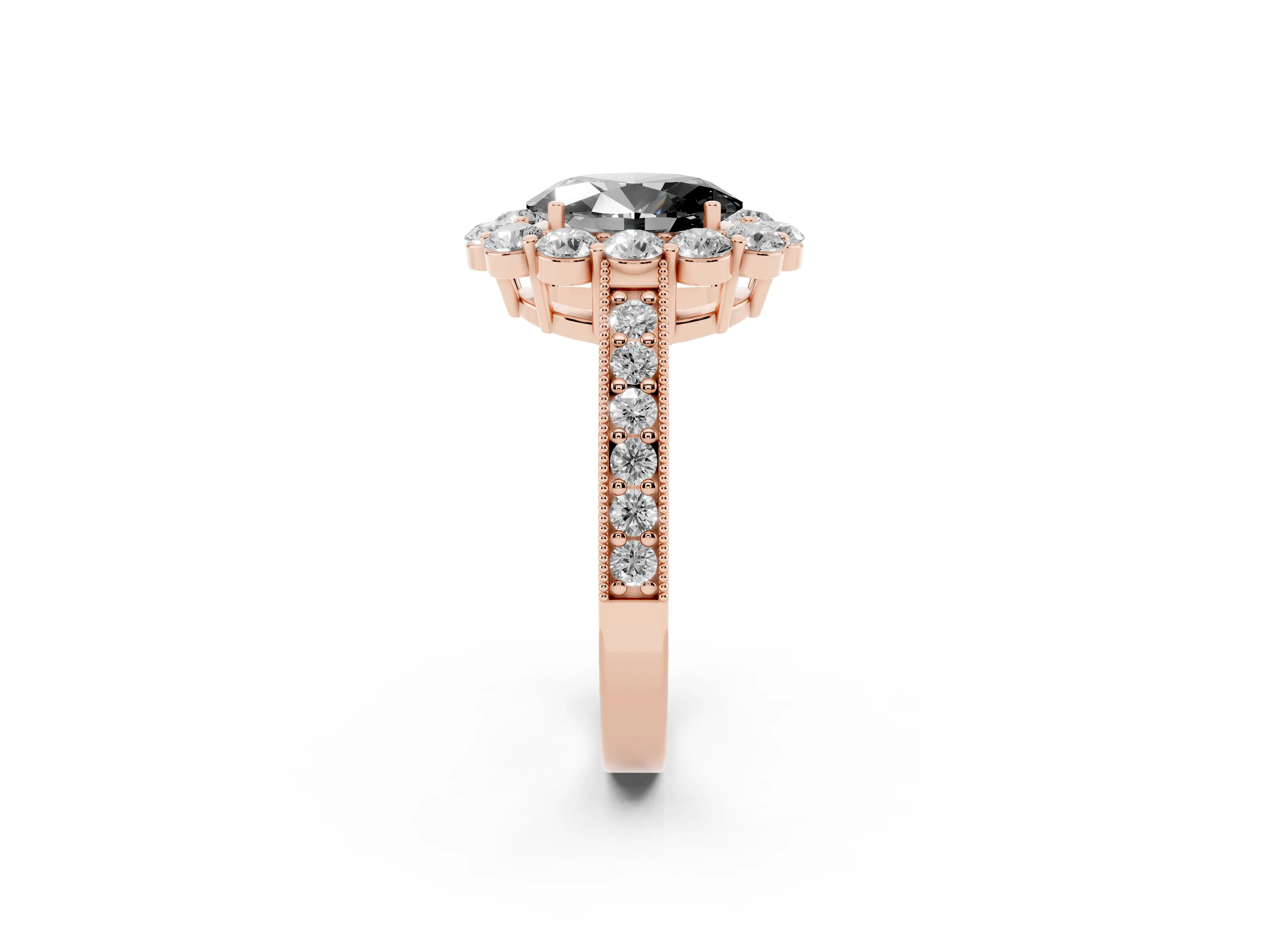 Fancy Black Oval Cut Diamond Halo Pavé Engagement Ring Set in Rose gold with Milgrain Detailing
