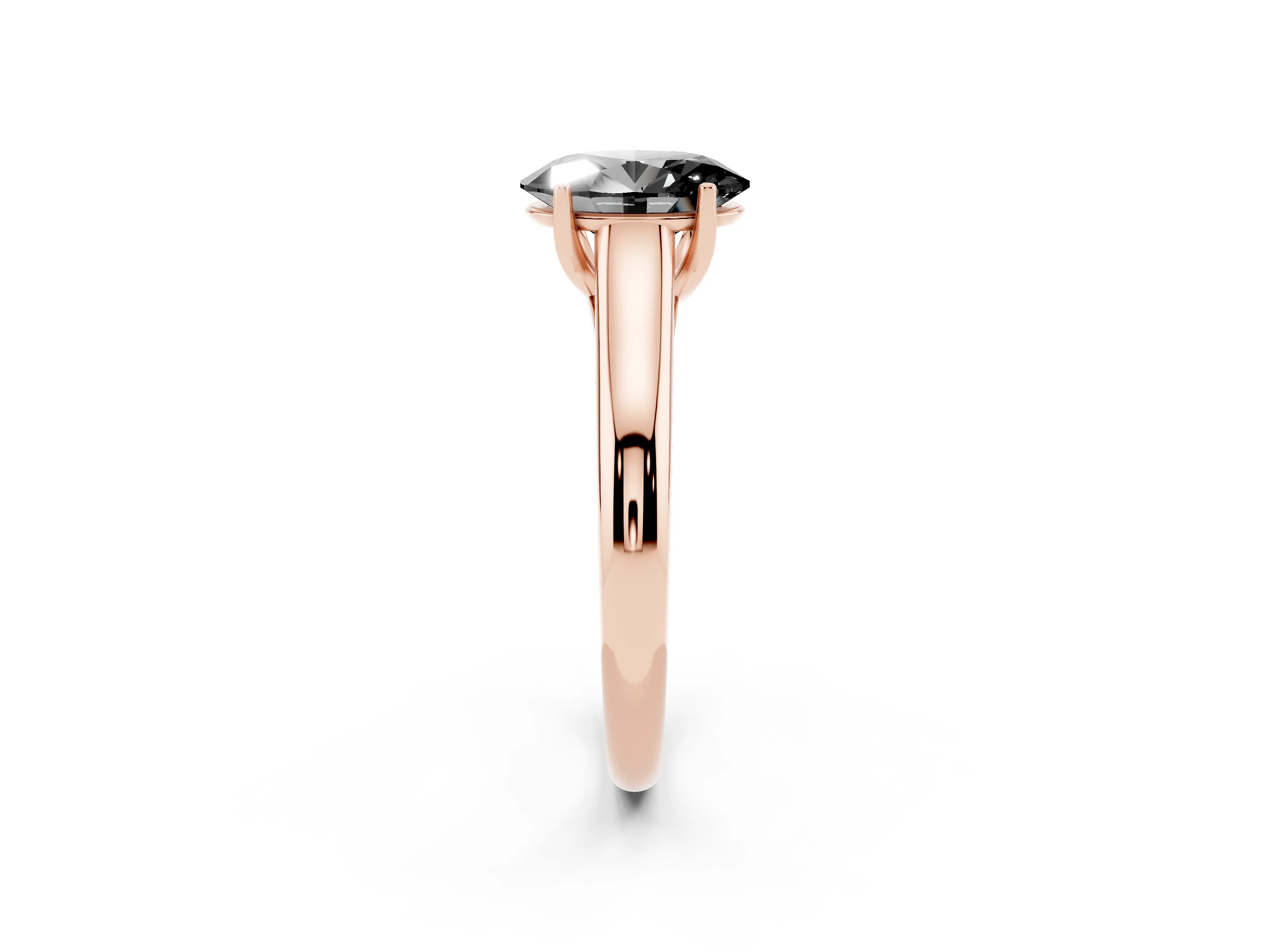 Fancy Black Oval Cut Diamond Solitaire Engagement Ring Set in Rose gold with Subtly Tapered Band and Prong Setting