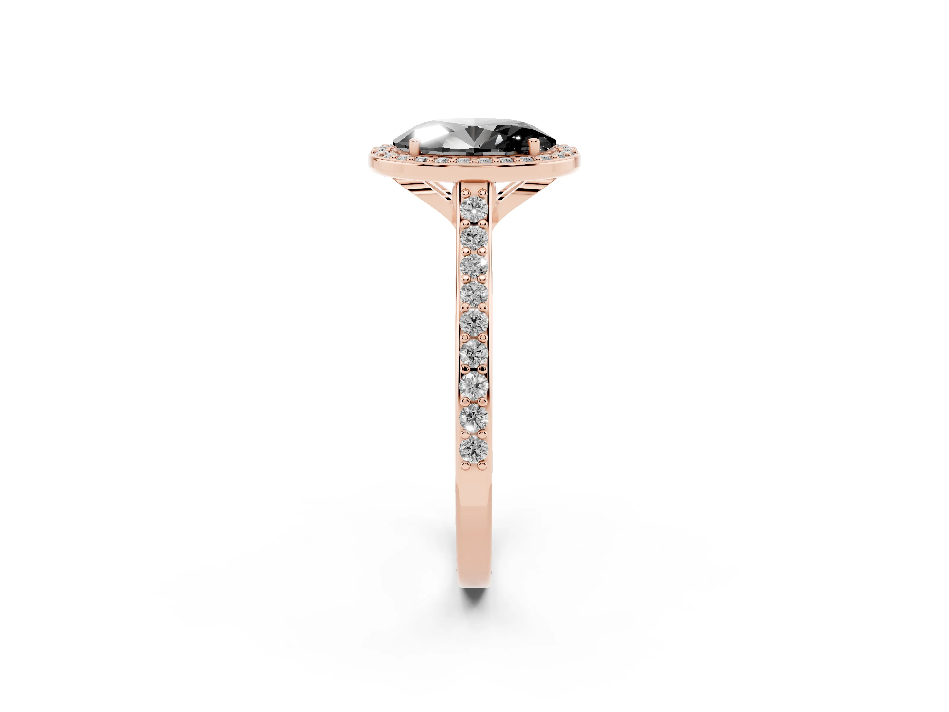 Fancy Black Oval Cut Diamond Halo Engagement Ring Set in Rose gold with Round Pavé Shoulders and Heart Gallery