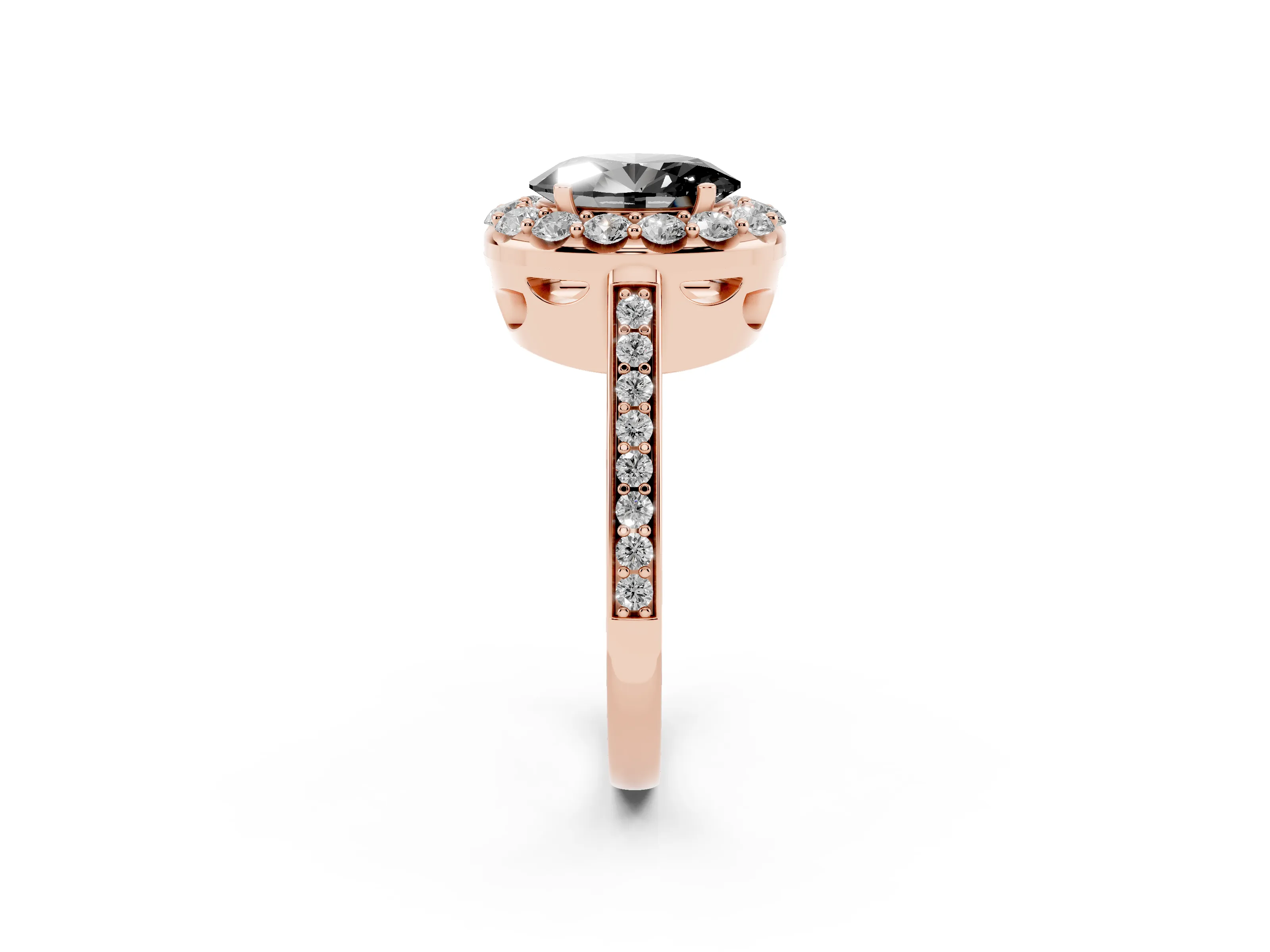 Fancy Black Oval Cut Diamond Floral Halo Ring Set in Rose gold with Pavé Band and Prong Setting