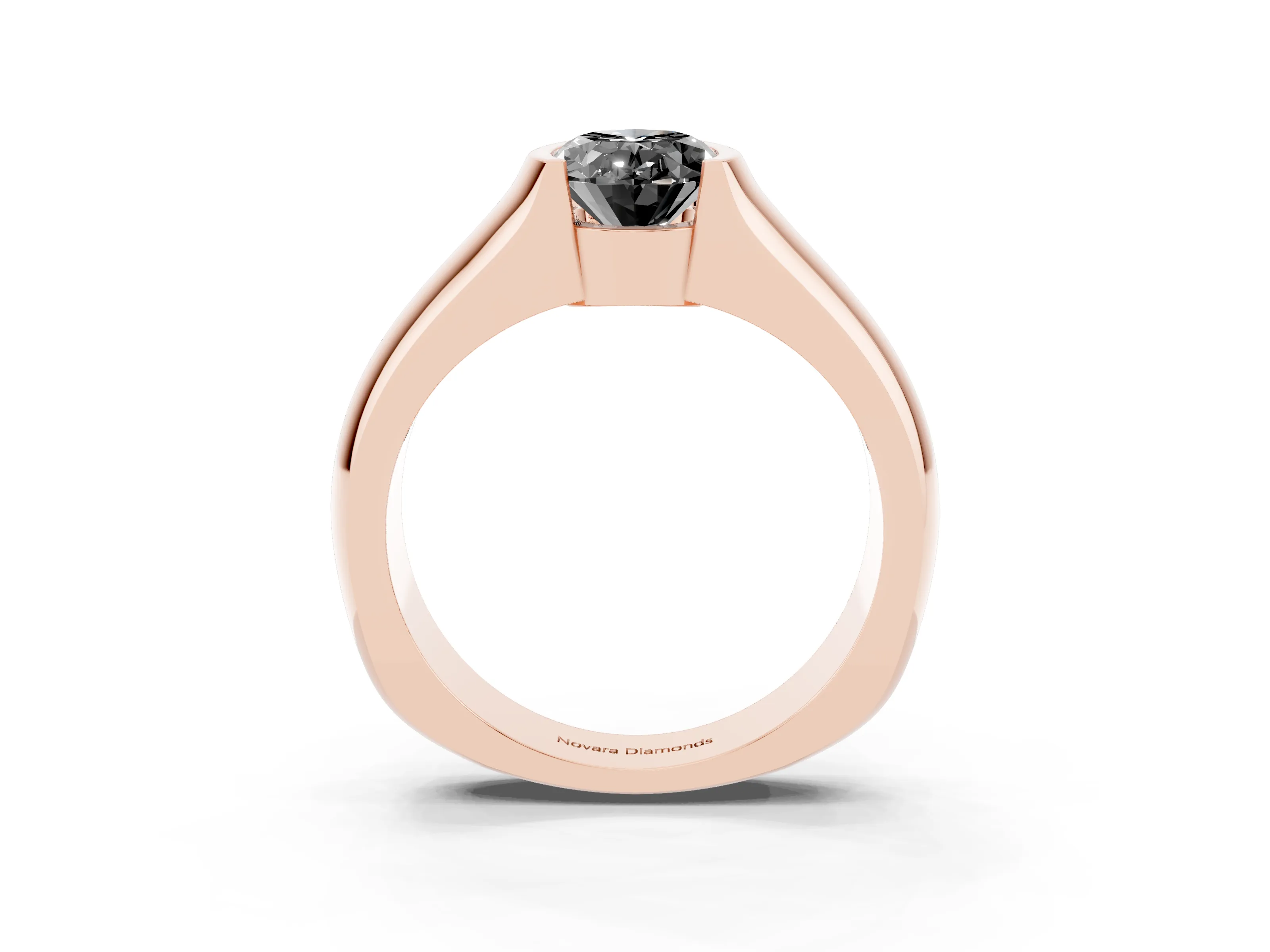 Fancy Black Oval Cut Diamond Bezel Solitaire Ring Set in Rose gold with Wide Band