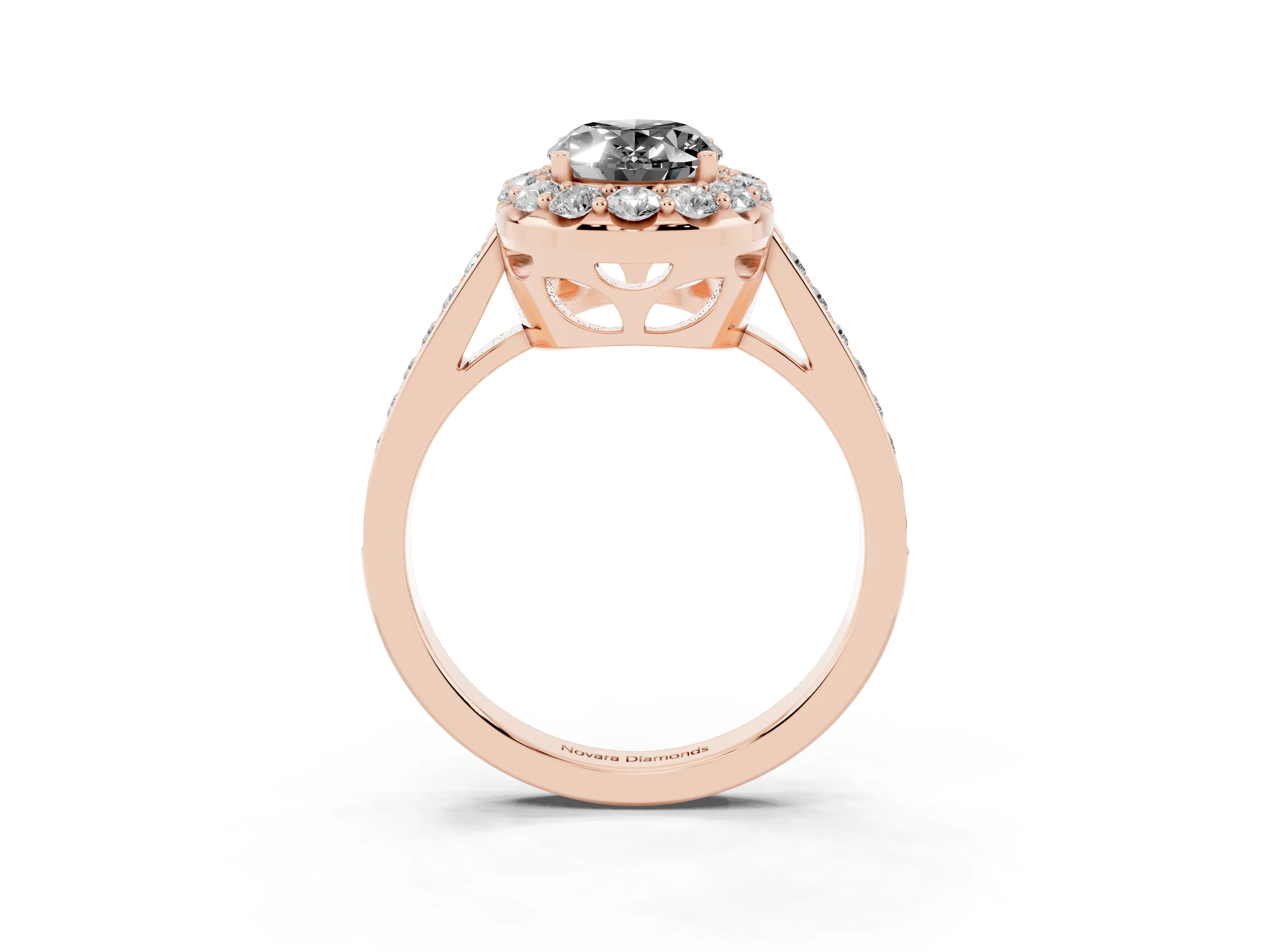 Fancy Black Oval Cut Diamond Floral Halo Ring Set in Rose gold with Pavé Band and Prong Setting
