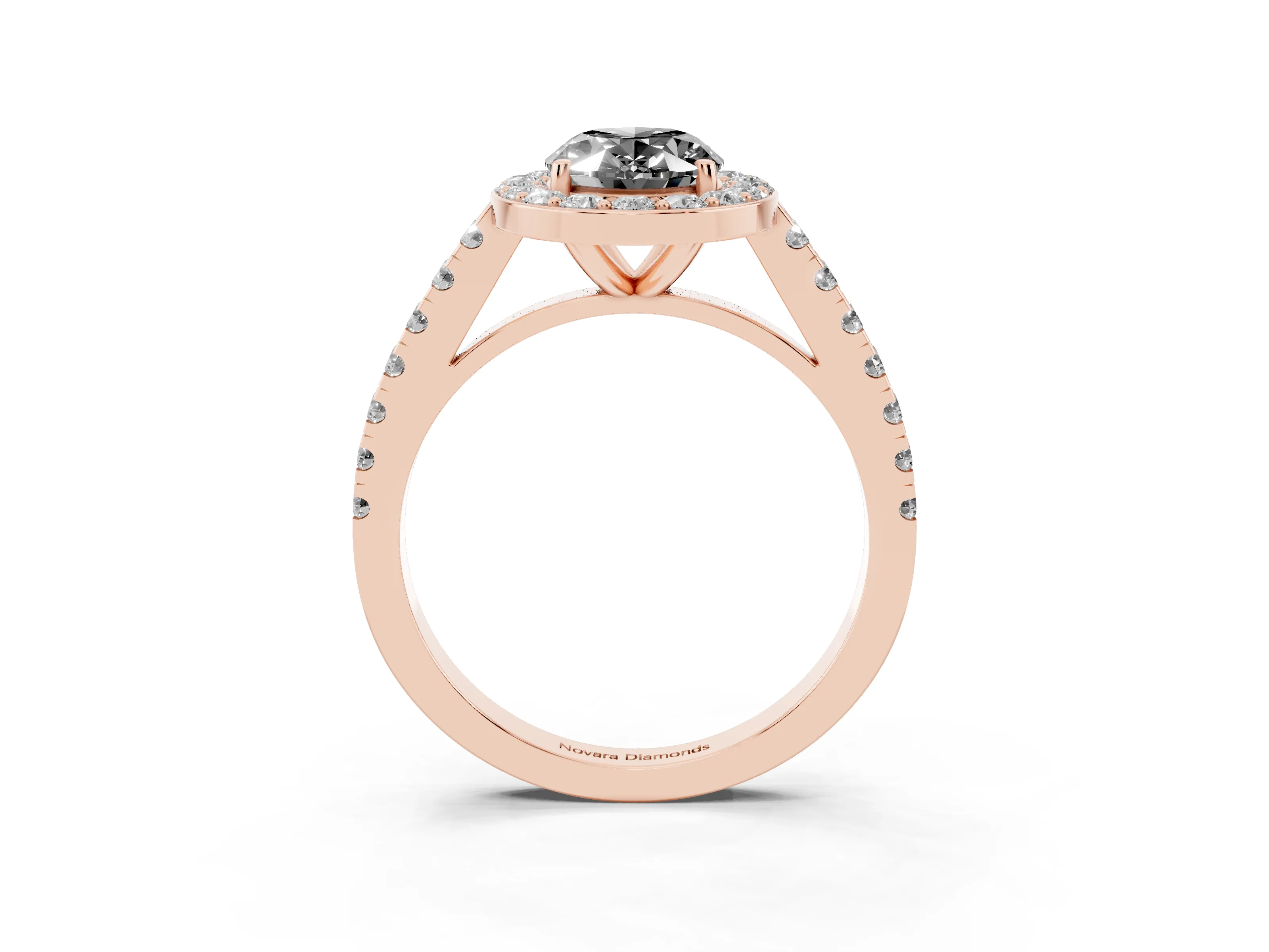 Fancy Black Oval Cut Diamond Halo Ring Set in Rose gold with Round Pavé Split Shank and Prong Setting