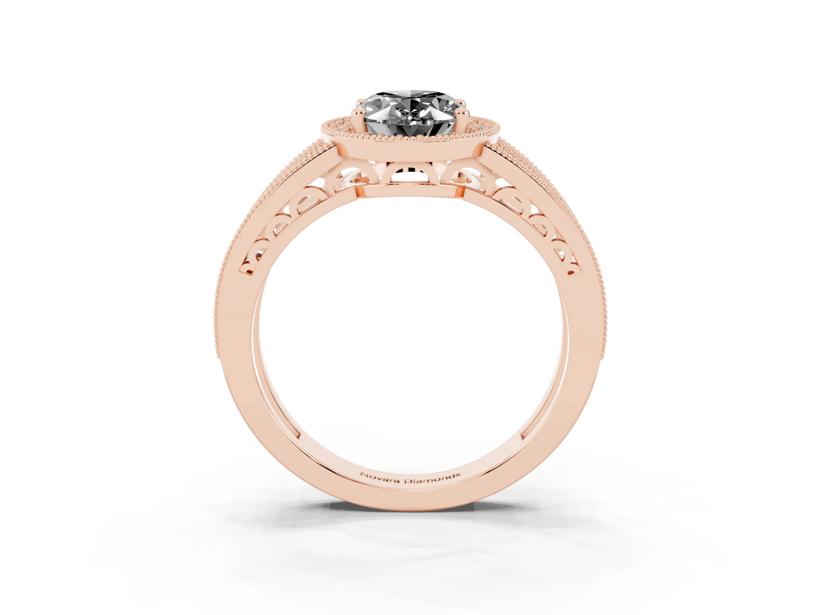Fancy Black Oval Cut Diamond Halo Ring Set in Rose gold with Accent Split Shank and Prong Setting