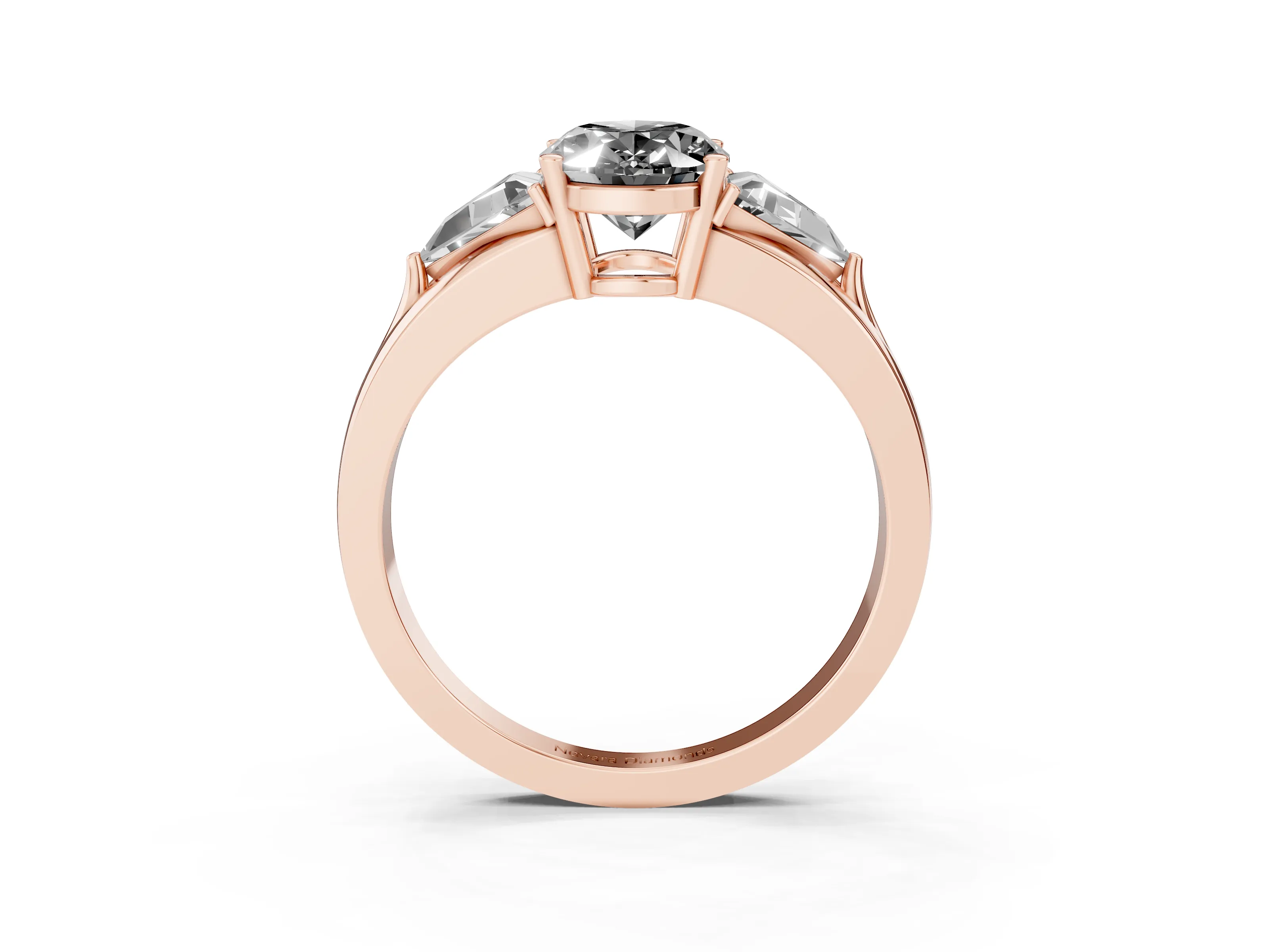 Fancy Black Oval Cut Diamond Three-Stone Ring Set in Rose gold with Trillion Side Stones and Split Shank