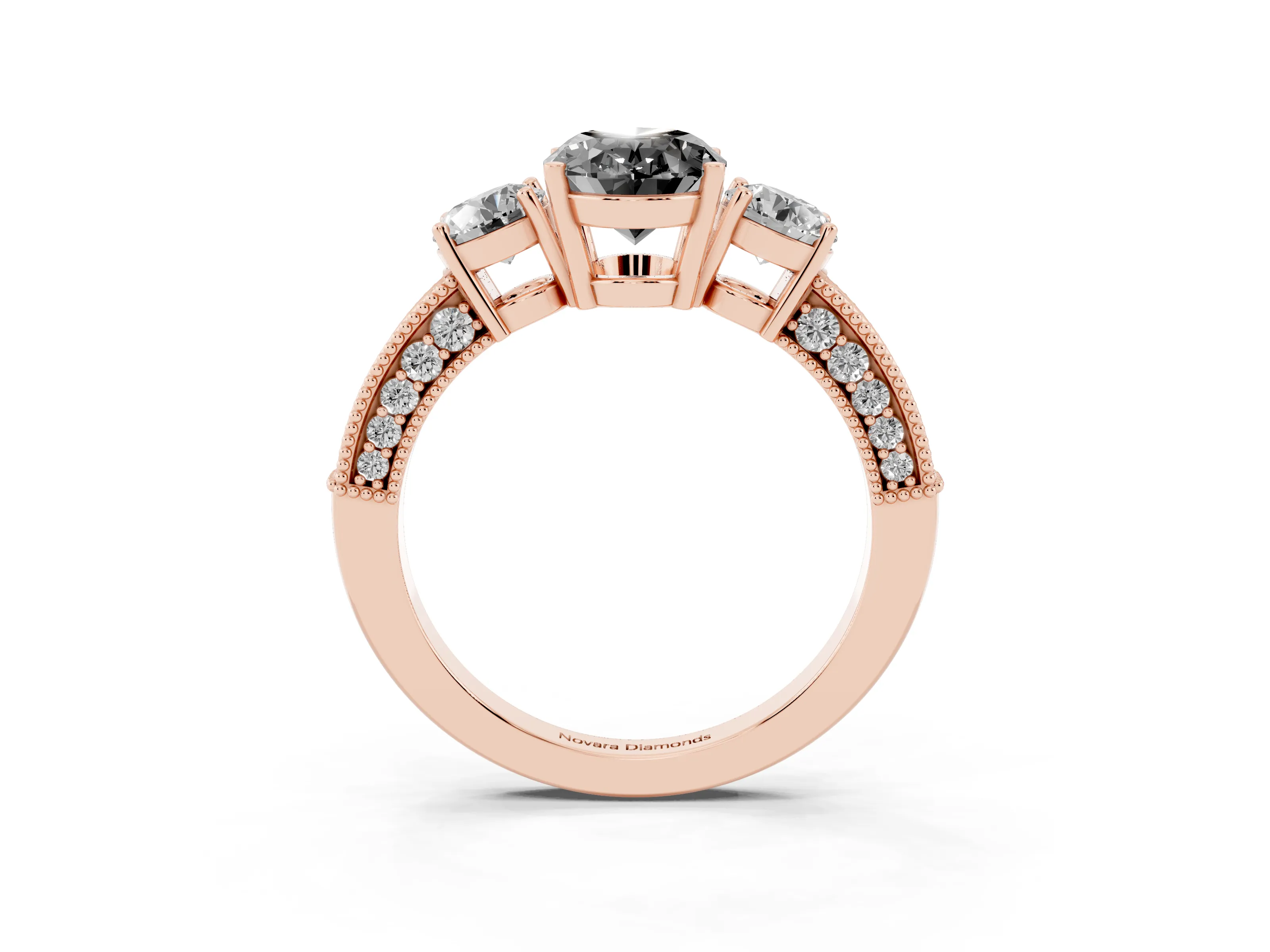 Fancy Black Oval Cut Diamond Three-Stone Ring Set in Rose gold with Round Side Stones and Pavé Band
