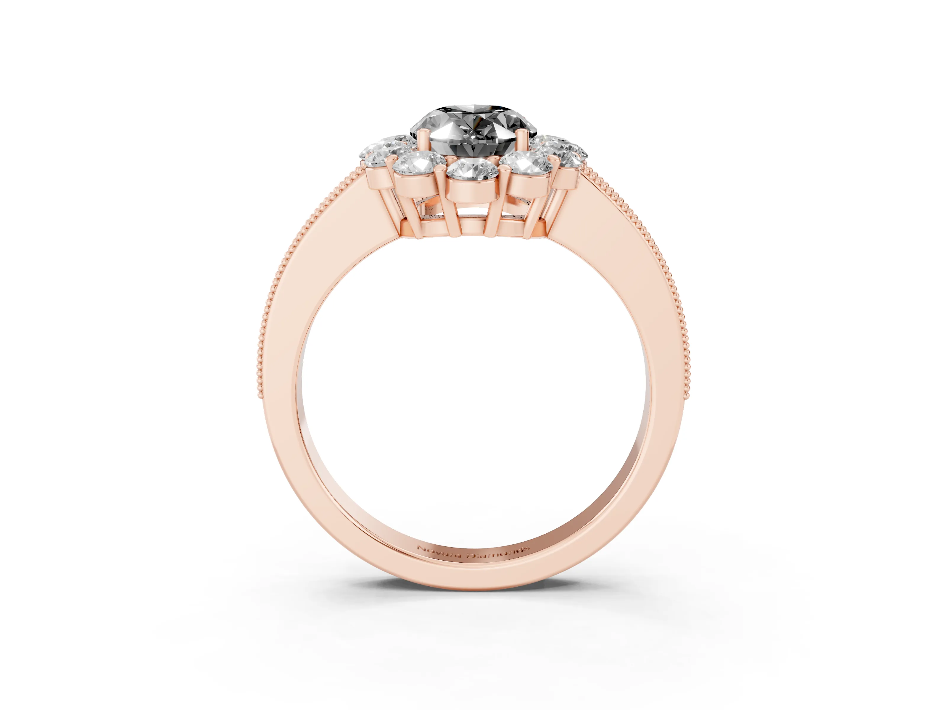 Fancy Black Oval Cut Diamond Halo Pavé Engagement Ring Set in Rose gold with Milgrain Detailing