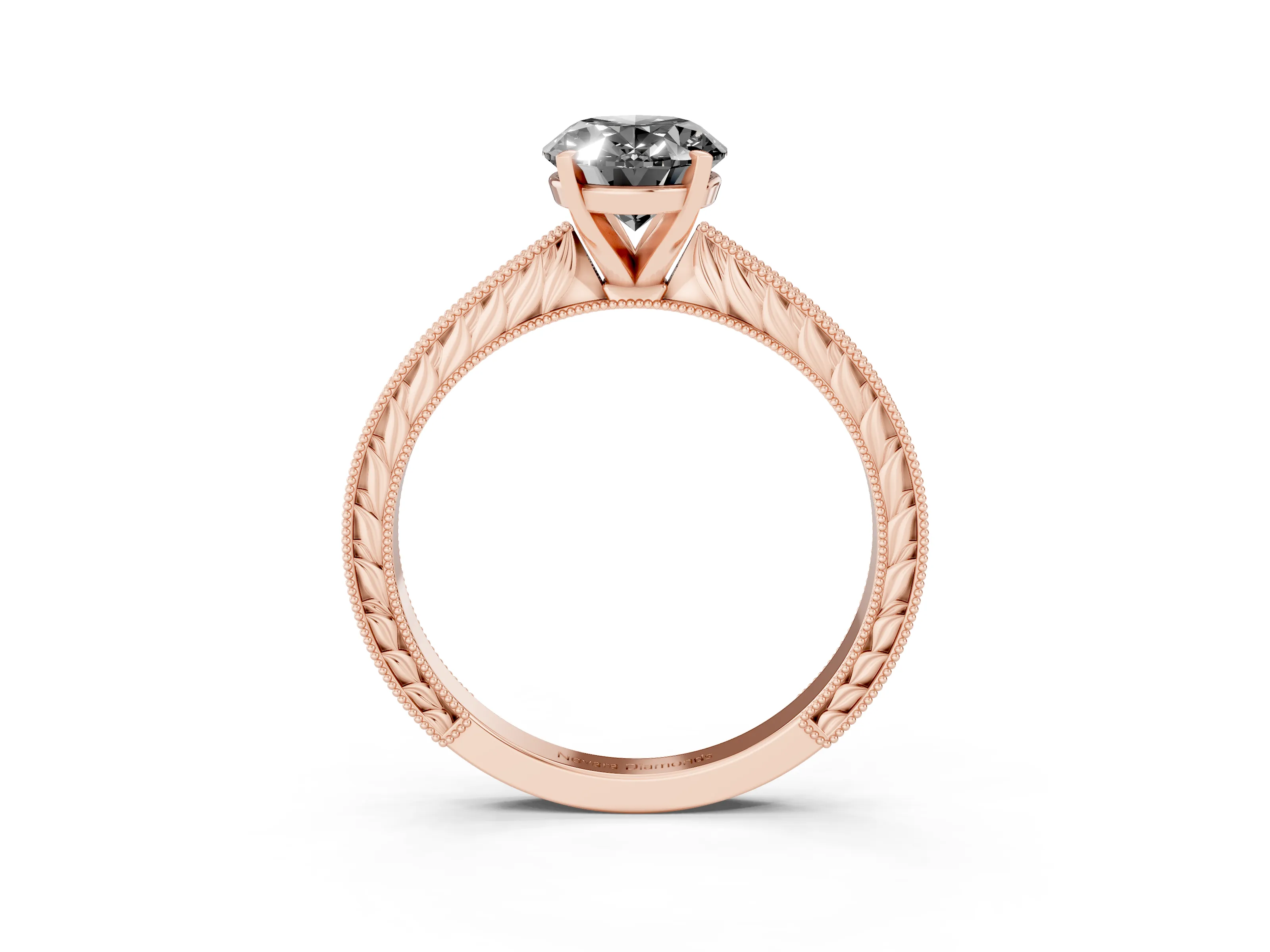 Fancy Black Oval Cut Diamond Solitaire Milgrain Engraved Band Set in Rose gold with Prong Setting