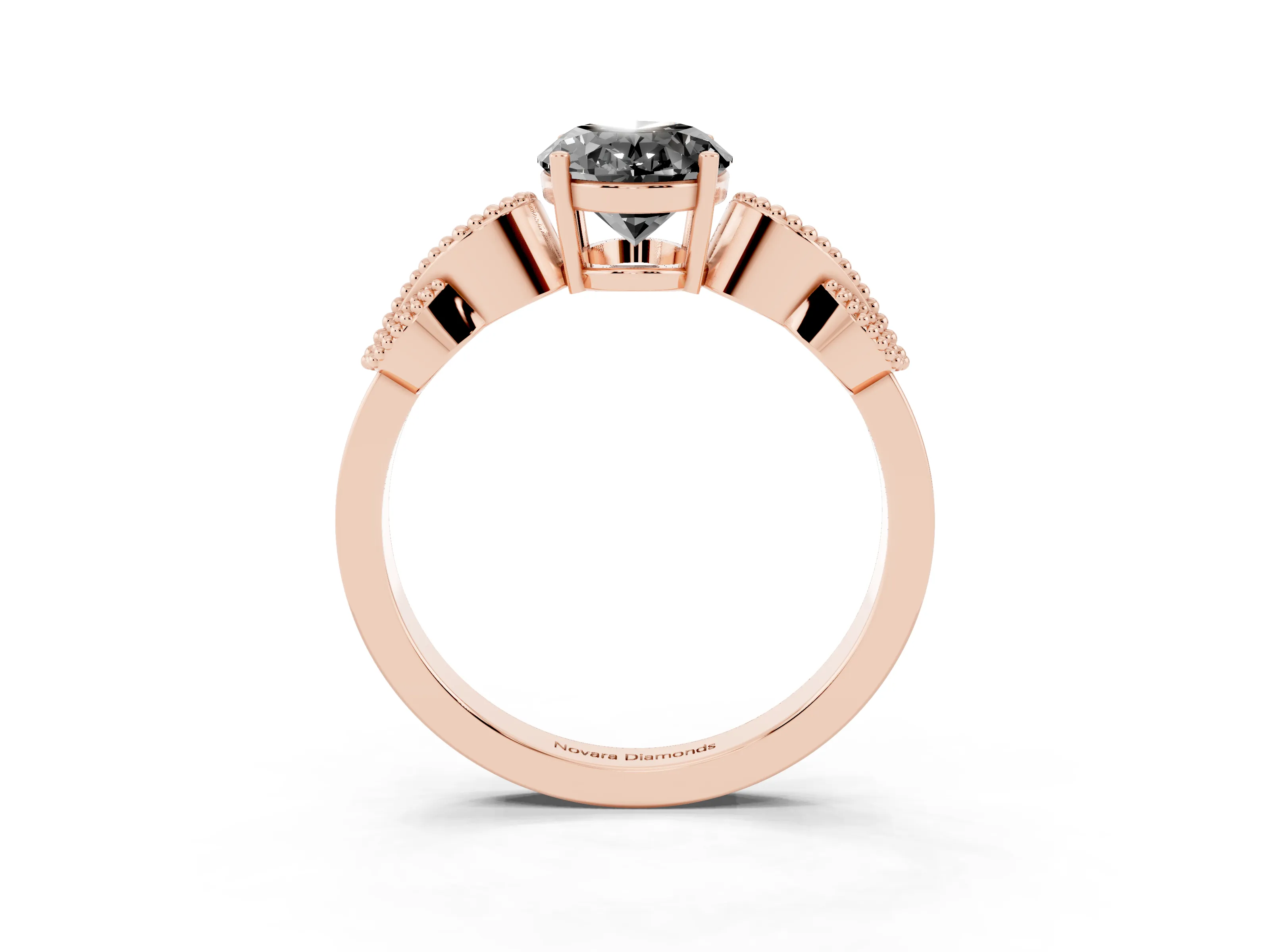 Fancy Black Oval Cut Diamond Milgrain Leaf Band Solitaire Ring Set in Rose gold with Accent Stones and Prong Setting
