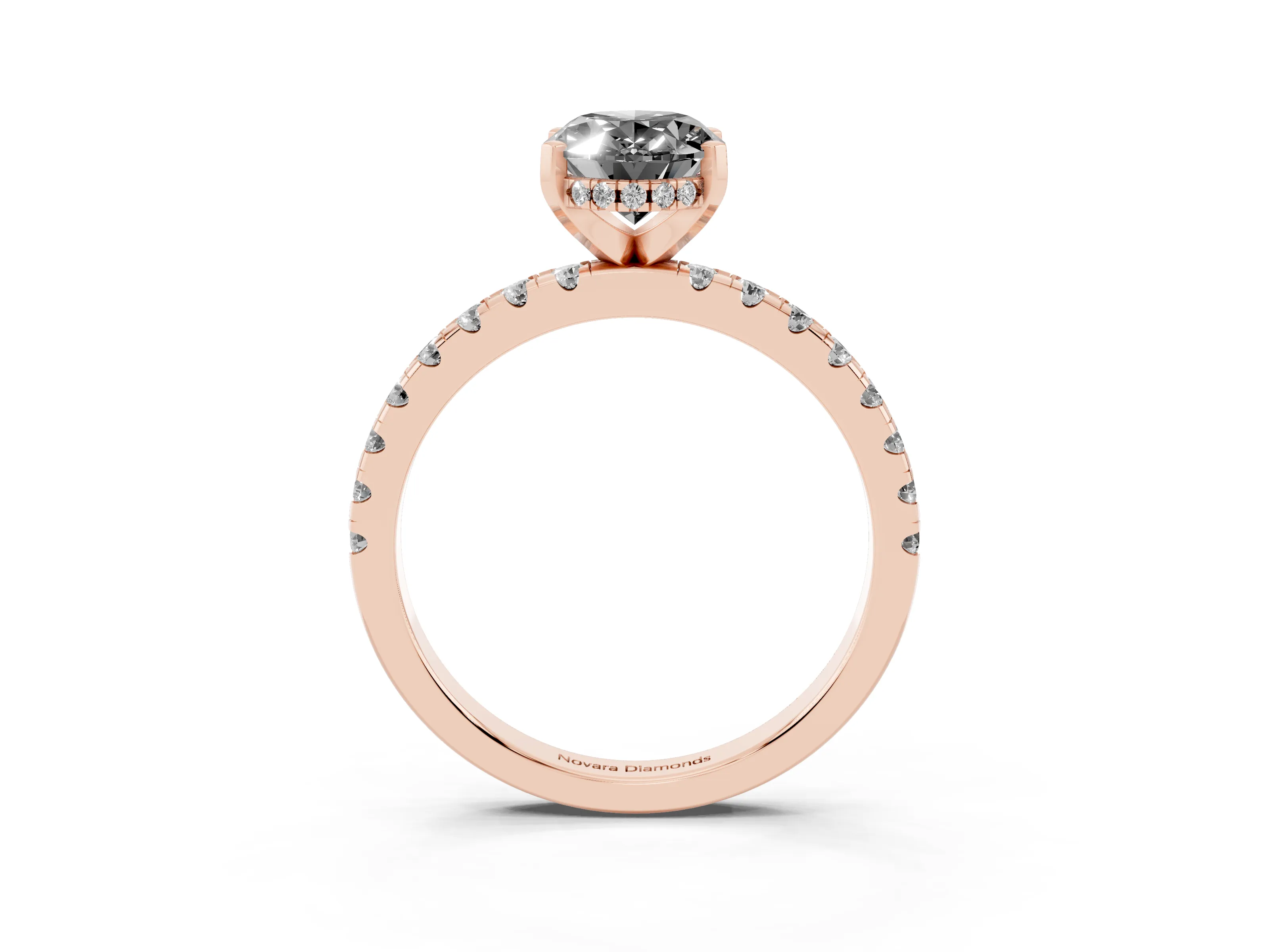Fancy Black Oval Cut Diamond Pavé Solitaire Ring Set in Rose gold with Round Band Accents and Prong Setting
