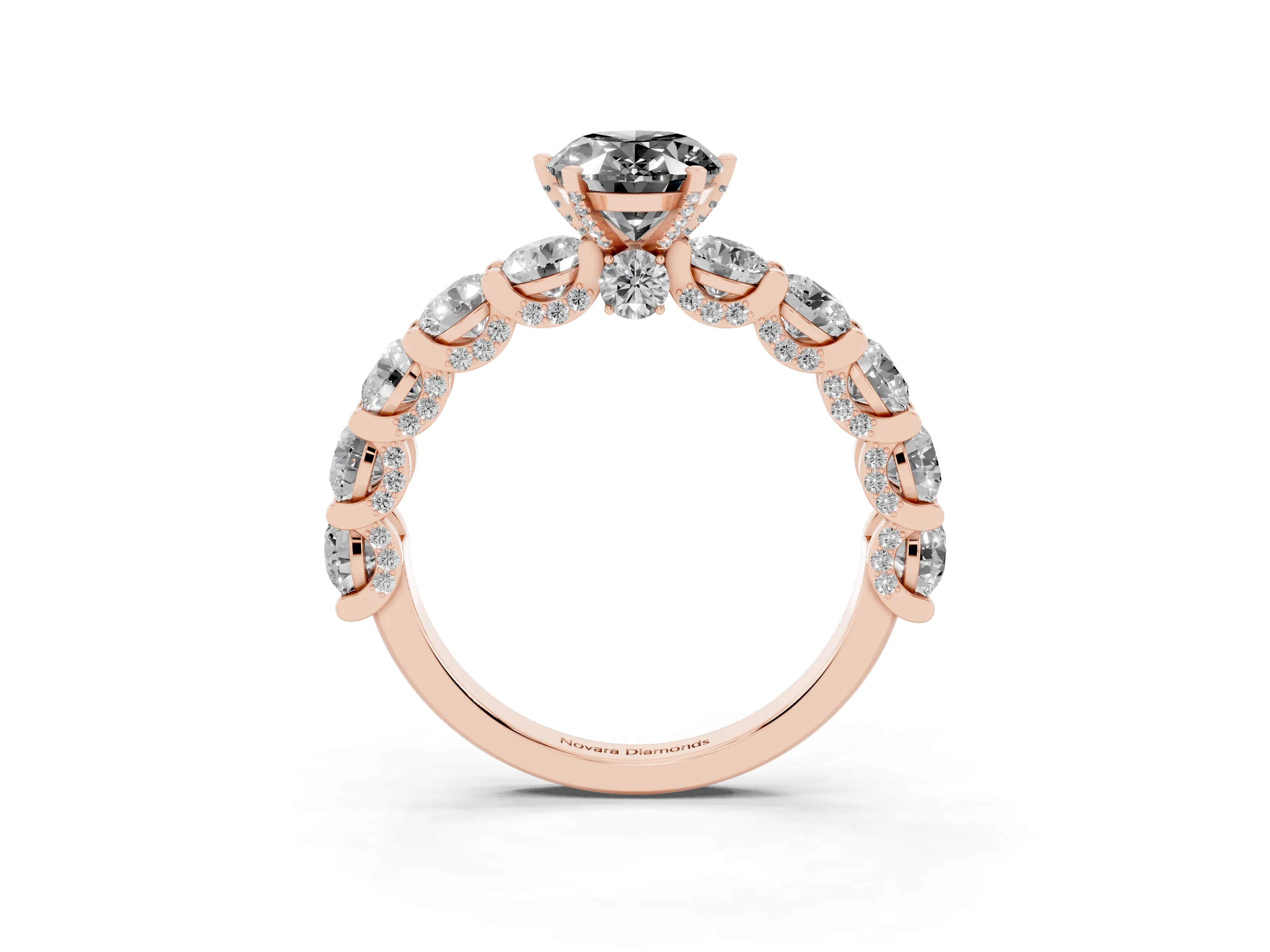 Fancy Black Oval Cut Diamond Side Stone Ring Set in Rose gold with Alternating Round and Oval Side Stones
