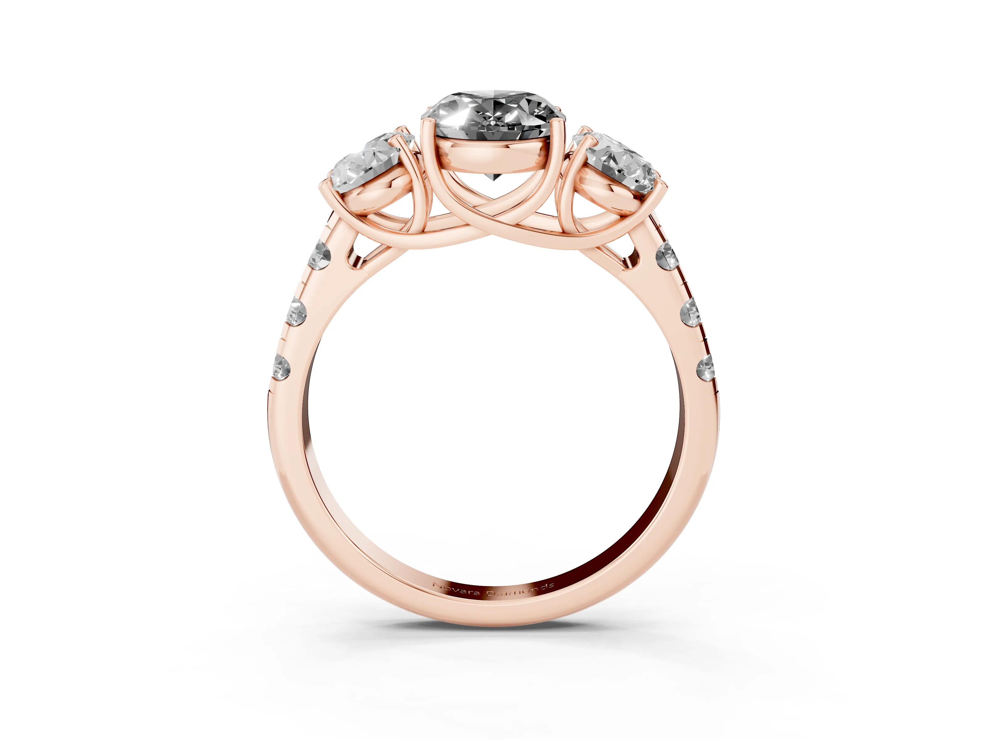 Fancy Black Oval Cut Diamond Three-Stone Ring Set in Rose gold with Pavé Band
