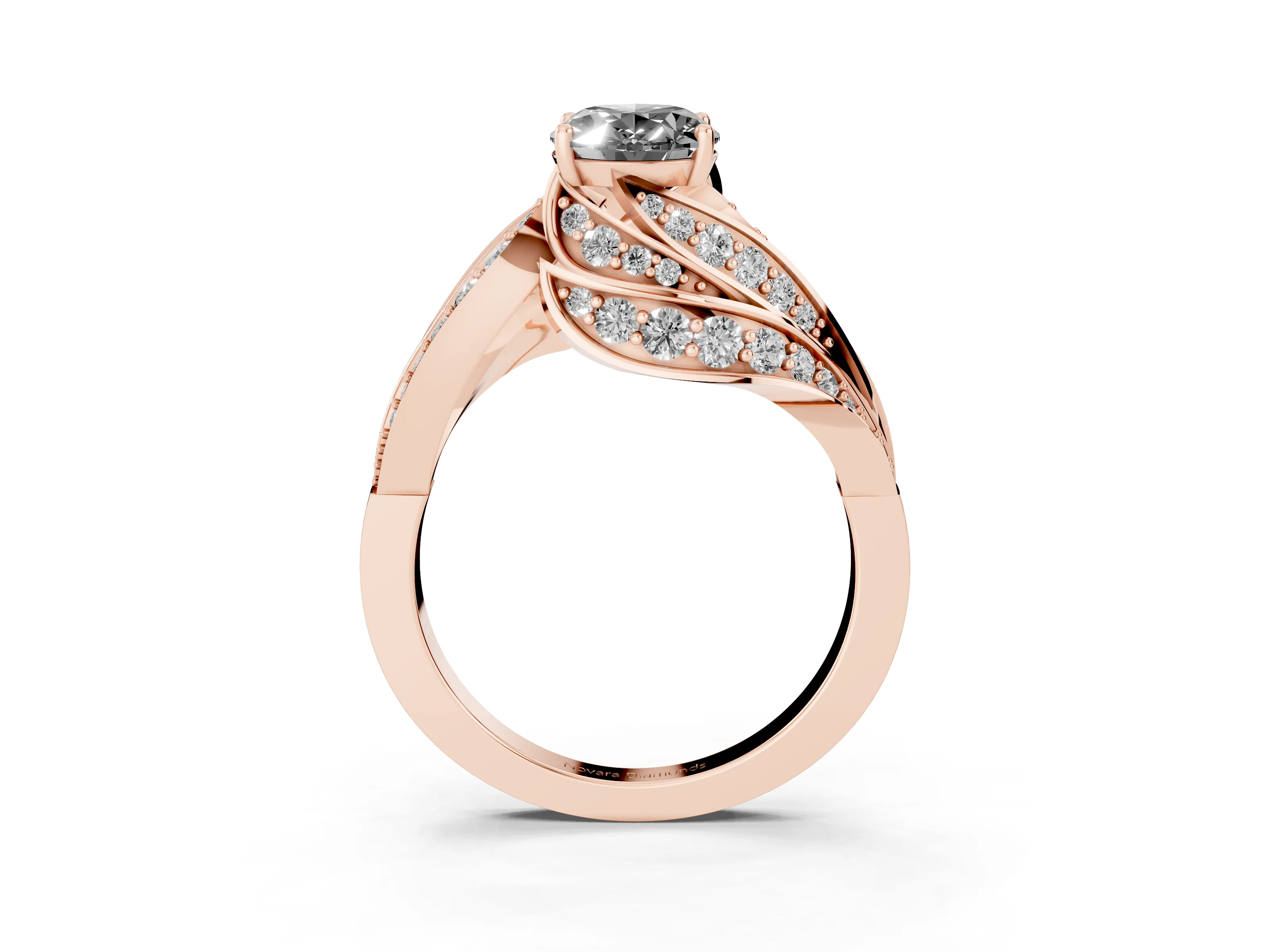 Fancy Black Oval Cut Diamond Solitaire Ring Set in Rose gold with Layered Twist Pavé Band