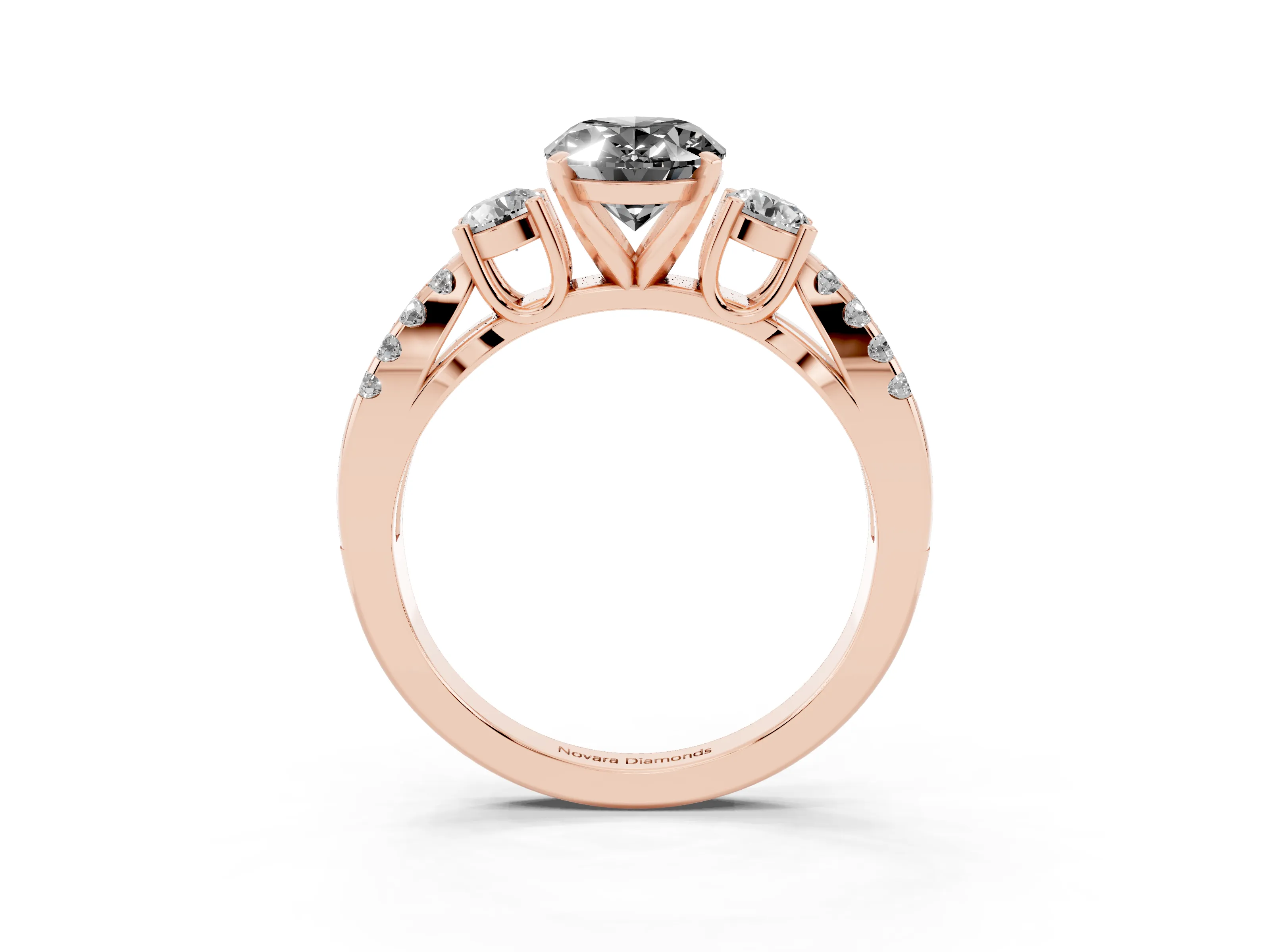 Fancy Black Oval Cut Diamond Three-Stone Ring Set in Rose gold with Pavé Split Shank and Prong Setting
