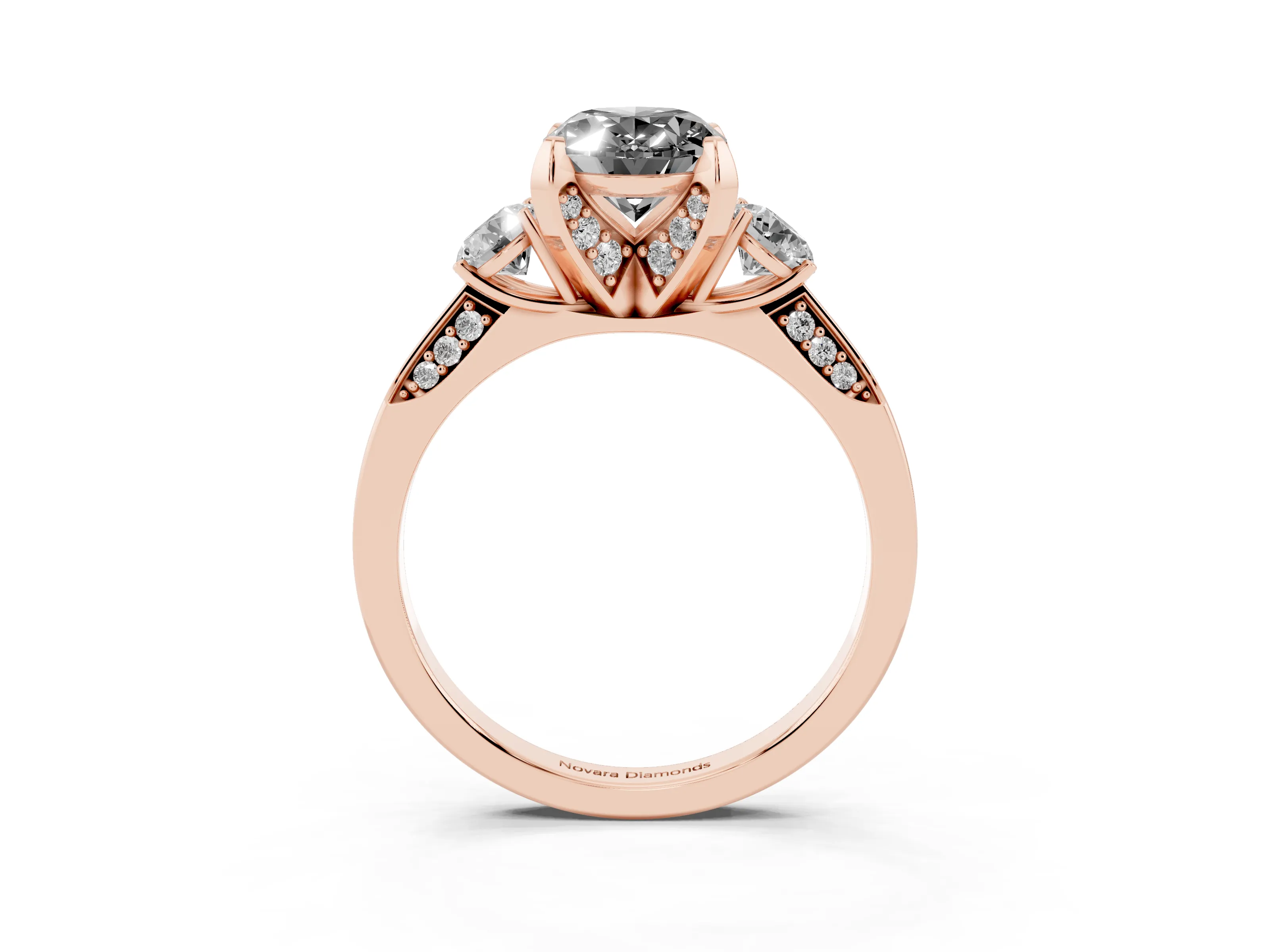 Fancy Black Oval Cut Diamond Three-Stone Ring Set in Rose gold with Pavé Band and Smaller Side Stones
