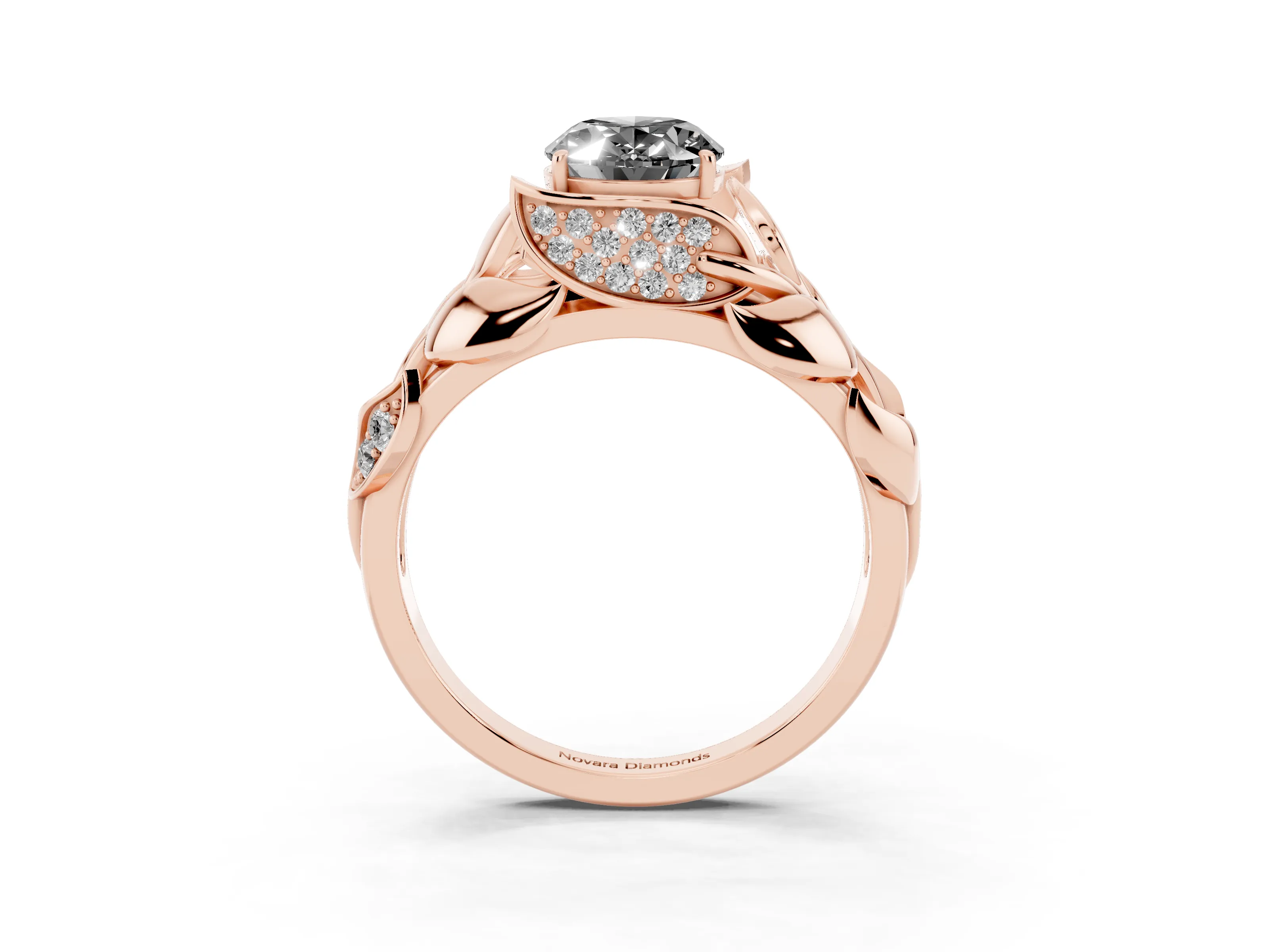 Fancy Black Oval Cut Diamond Leaf-Inspired Engagement Ring Set in Rose gold with Round Accents
