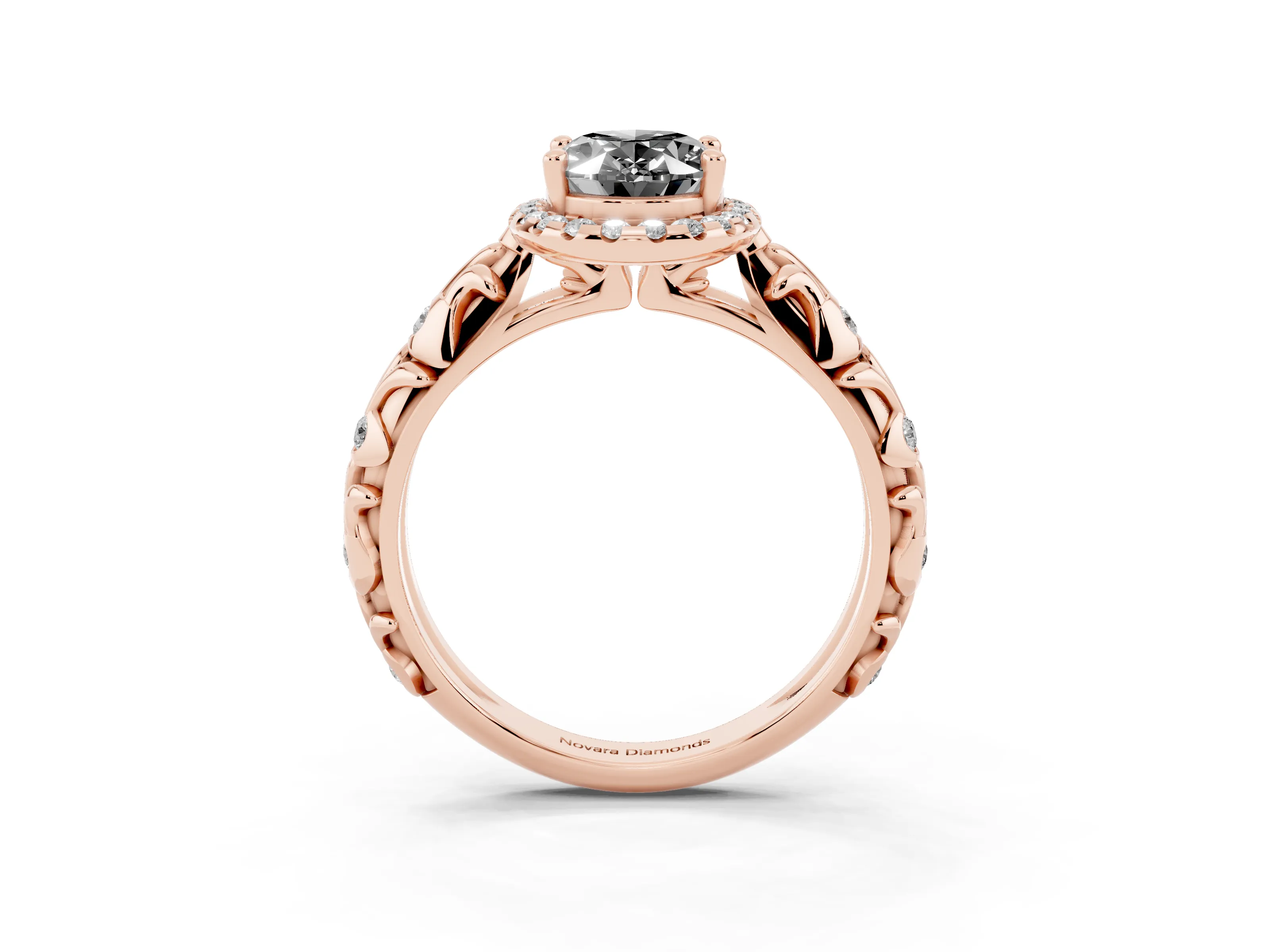 Fancy Black Oval Cut Diamond Halo Ring Set in Rose gold with Filigree Leaf Band and Prong Setting