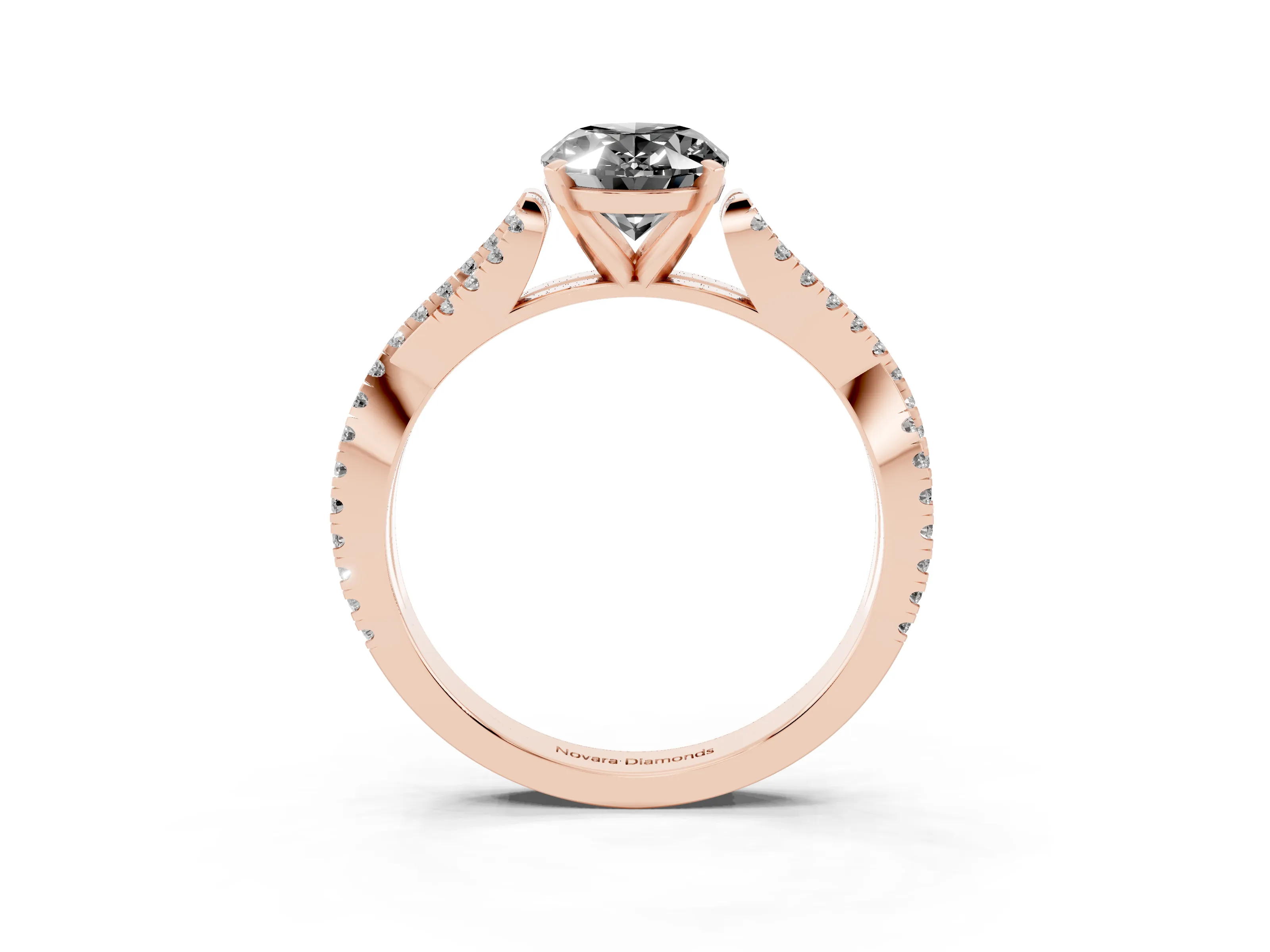 Fancy Black Oval Cut Diamond Solitaire Engagement Ring Set in Rose gold with Twisted Pavé Band and Prong Setting