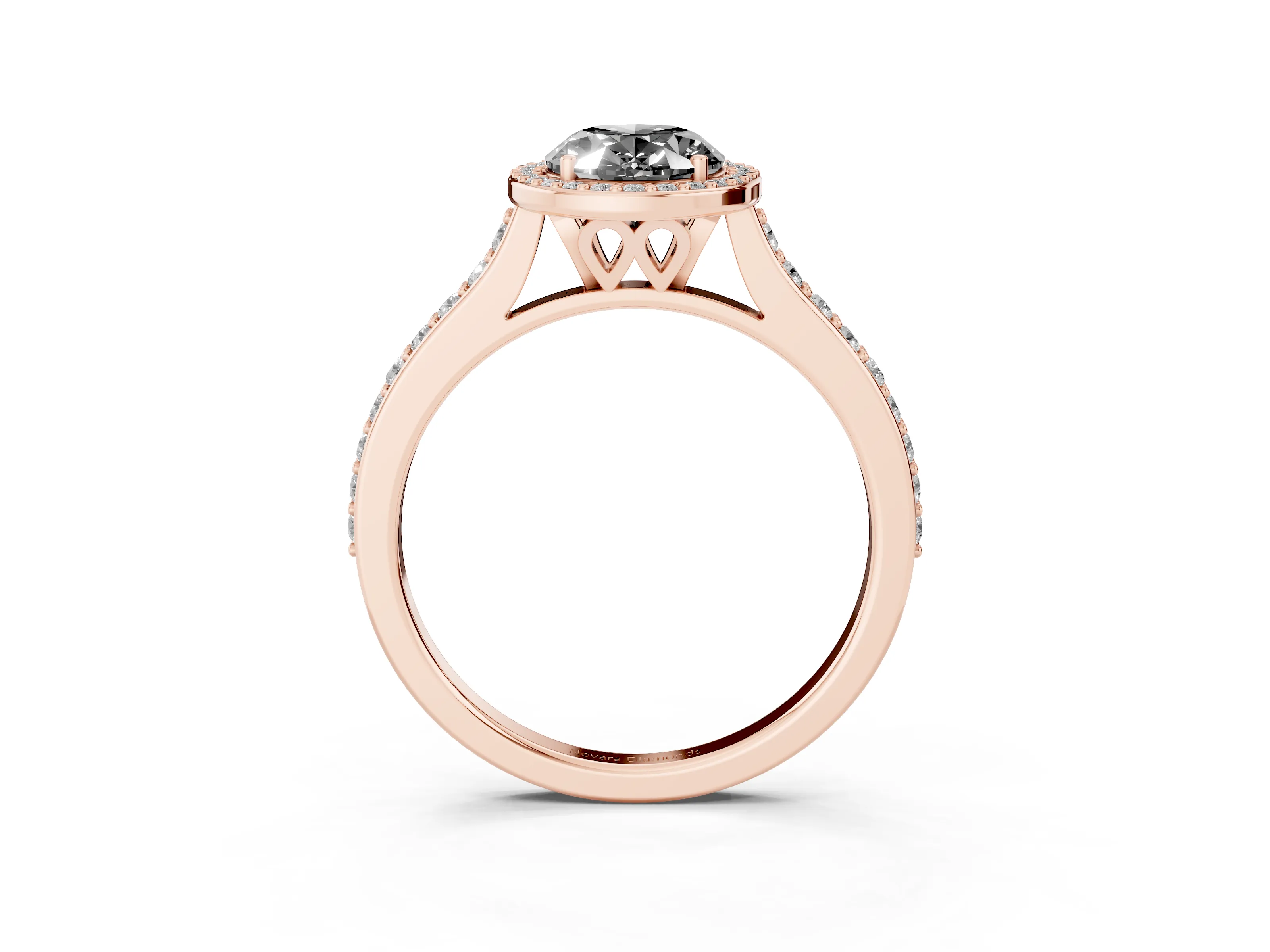 Fancy Black Oval Cut Diamond Halo Engagement Ring Set in Rose gold with Round Pavé Shoulders and Heart Gallery